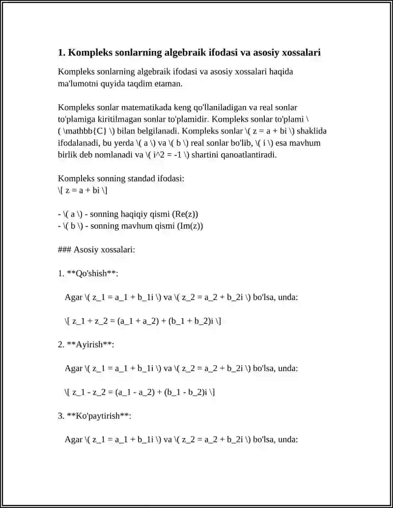 KOMPLEKS SONNLARNING ALGEBRAIK,TRIGONOMETRIK VA KÕSATKICHLI KÕRINISHLARI VA ULAR USTIDA ARIFMETIK AMALLAR 4