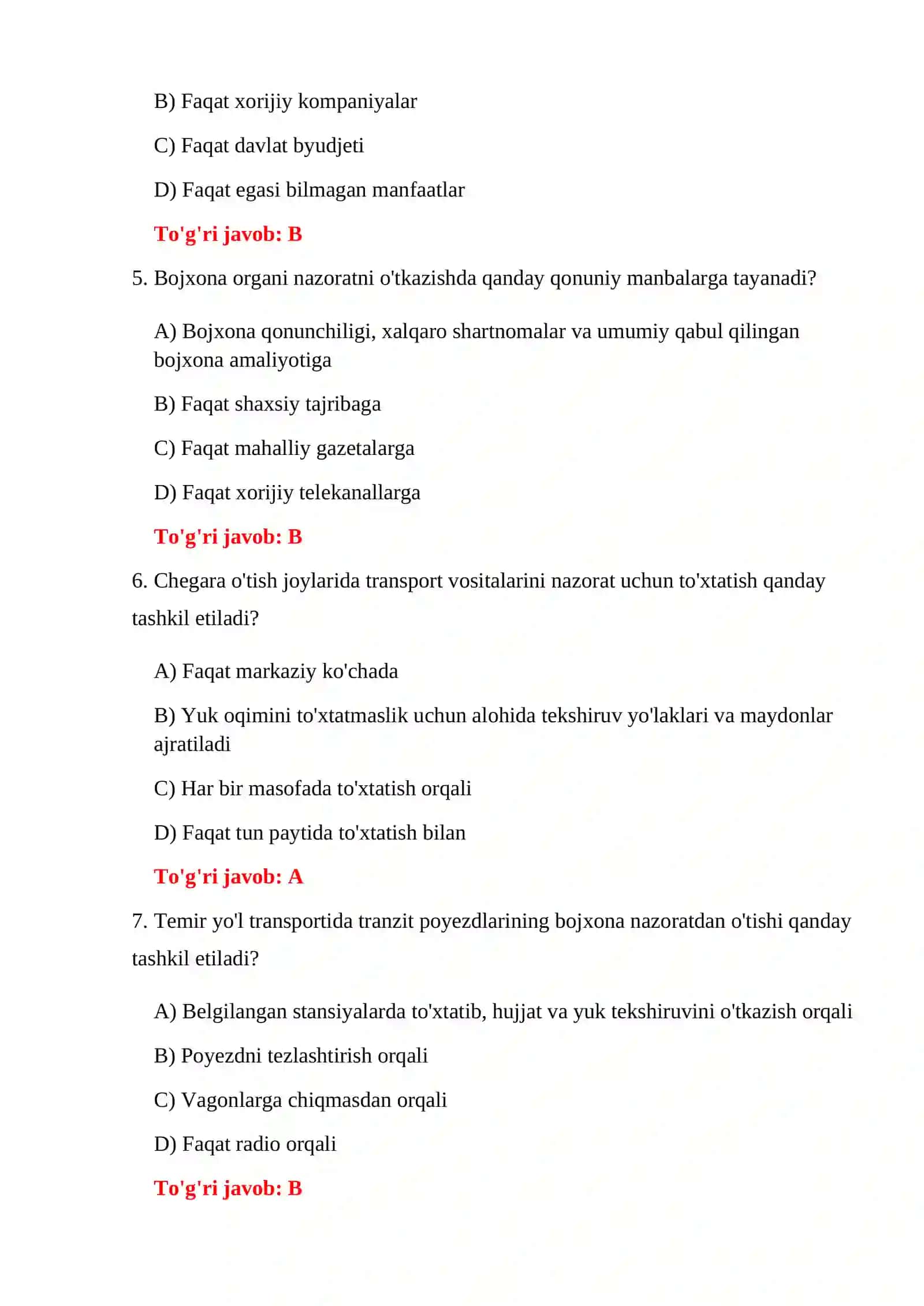 BOJXONA TEKSHIRUVI TESTLARI 4