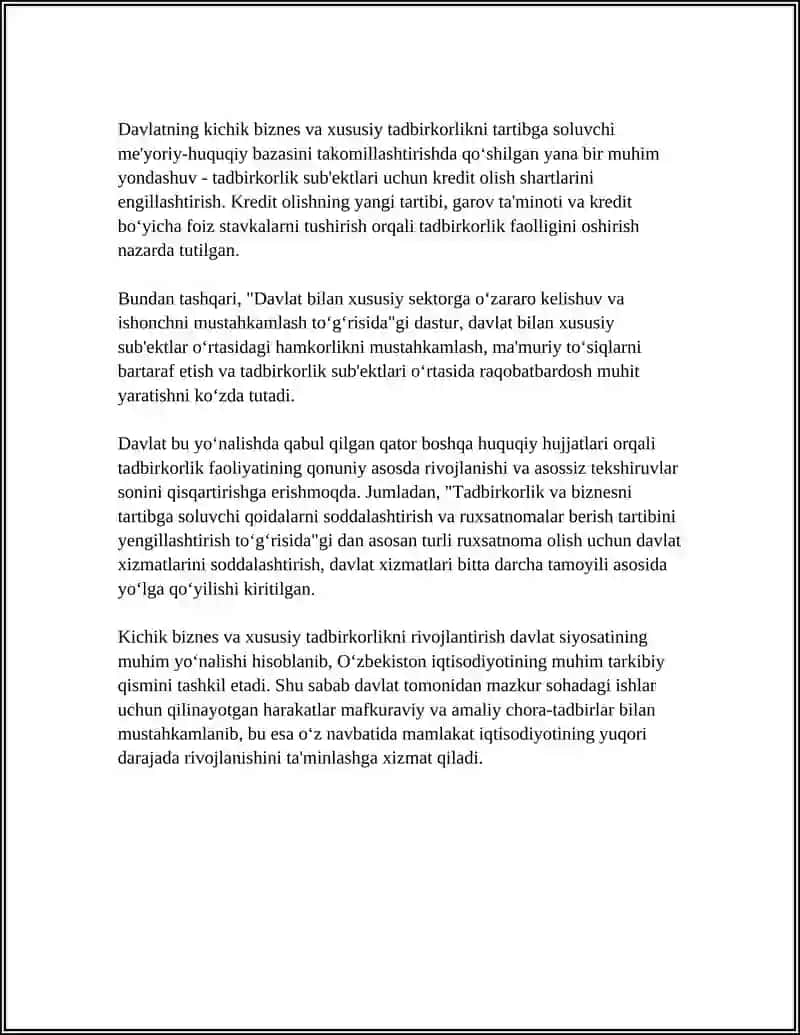 Davlatning kichik biznes va xususiy tadbirkorlikni tartibga soluvchi huquqiy-me'yoriy bazasini takomillashtirish 4