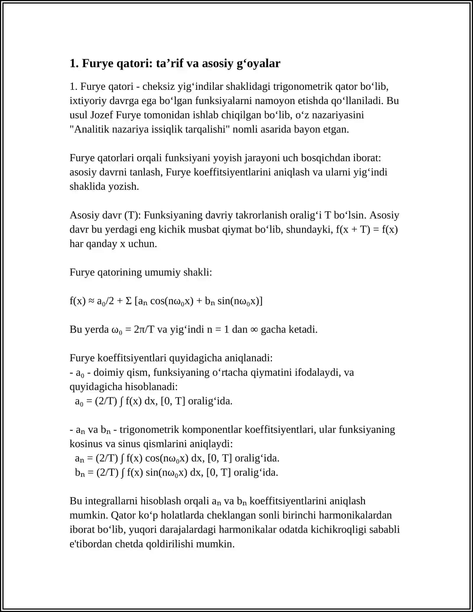 IXTIYORIY DAVRIGA EGA BOʻLGAN FUNKSIYANI FURYE QATORIGA YOYISH.FURYE QATORLARNING TATBIQOLARI 4