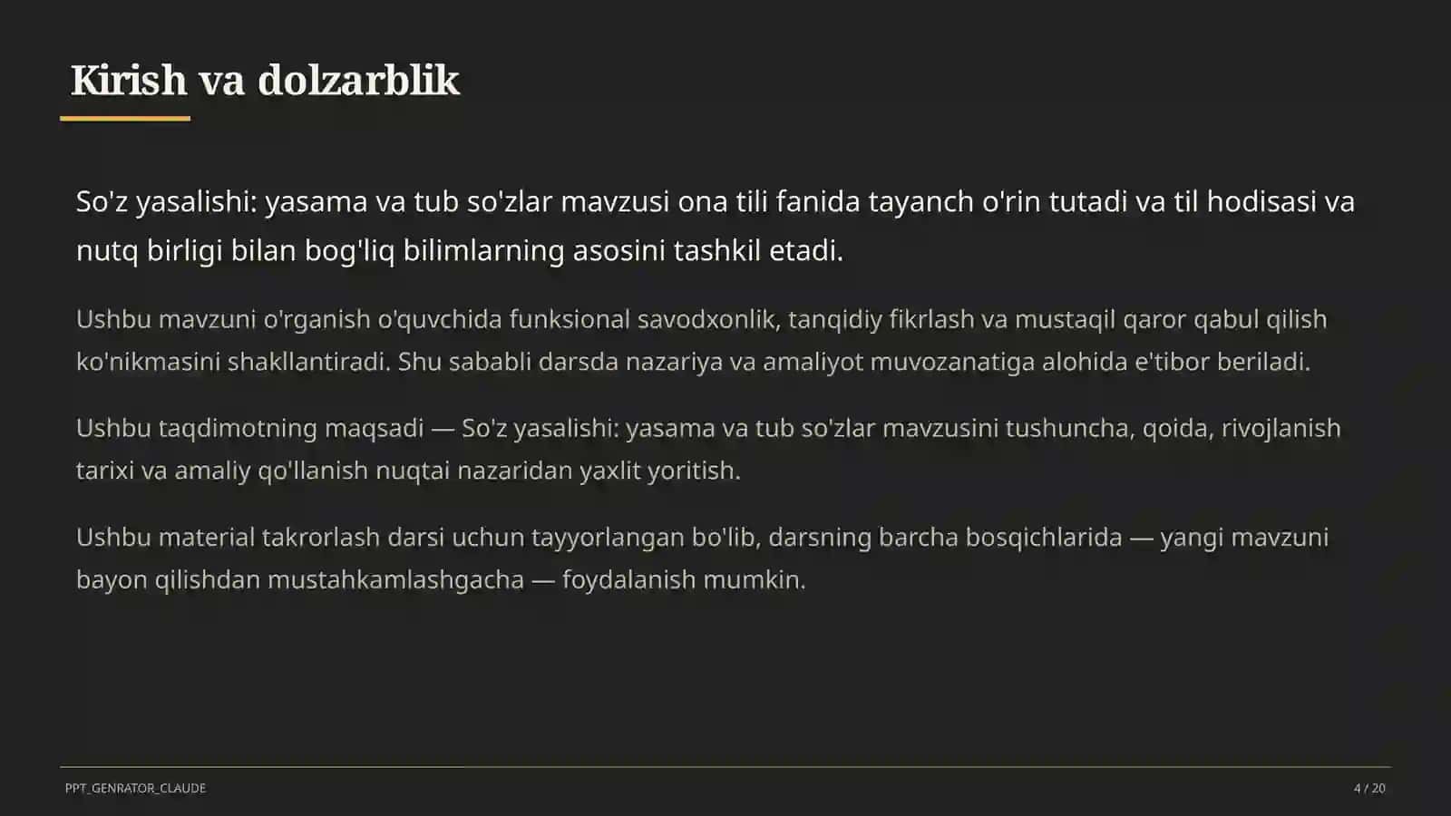 So'z yasalishi: yasama va tub so'zlar (6-sinf) Ona tili (5–11) — takrorlash darsi uchun 4