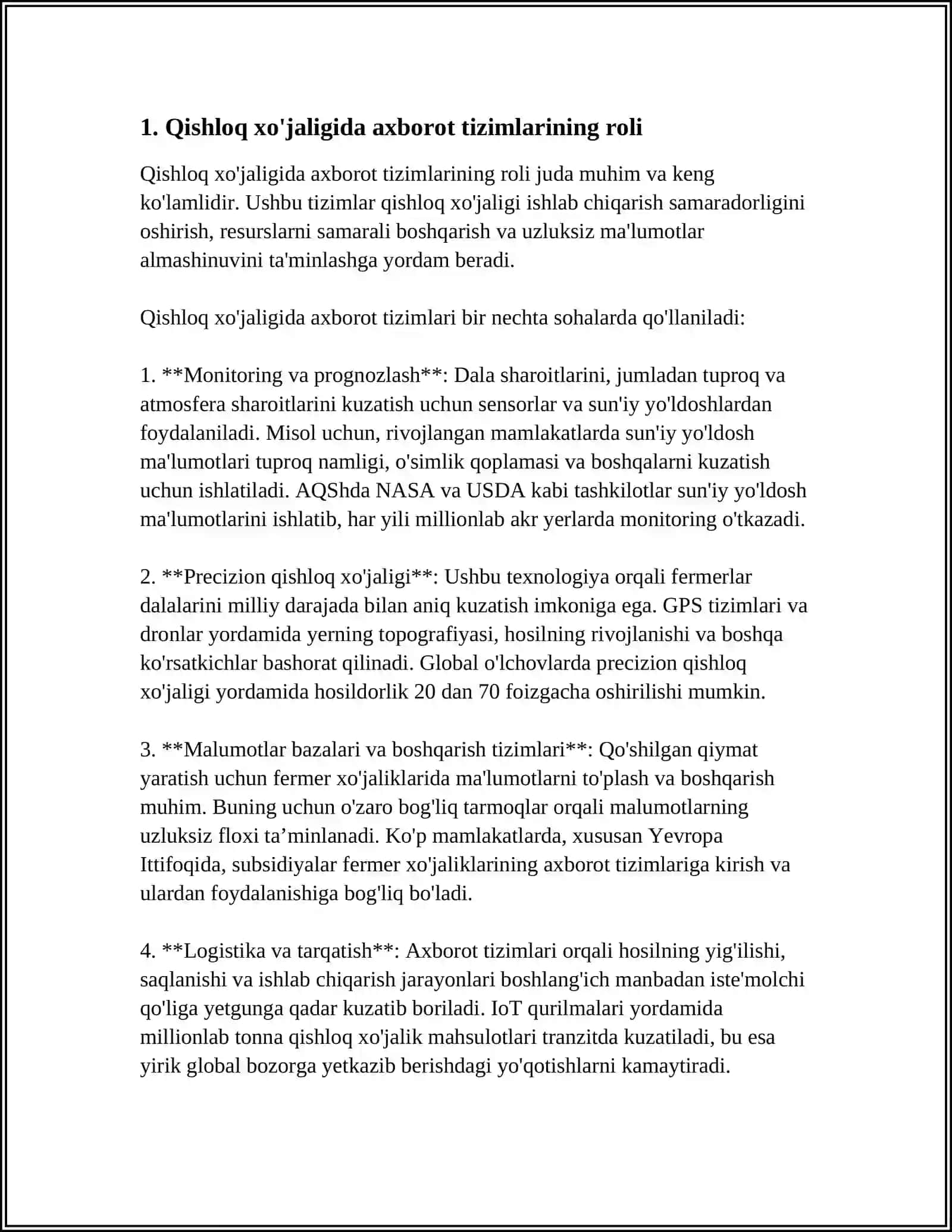 QISHLOQ XO'JALIGI AXBOROT TIZIMLARI VA KORPORATIV AXBOROT TIZIMLARI ORASIDAGI UMUMIY MA'LUMOTLARDAN SAMARALI FOYDALANISH INTERFEYSINI YARATISH MUAMMOLARI.REFERAT SHAKLIDA 4