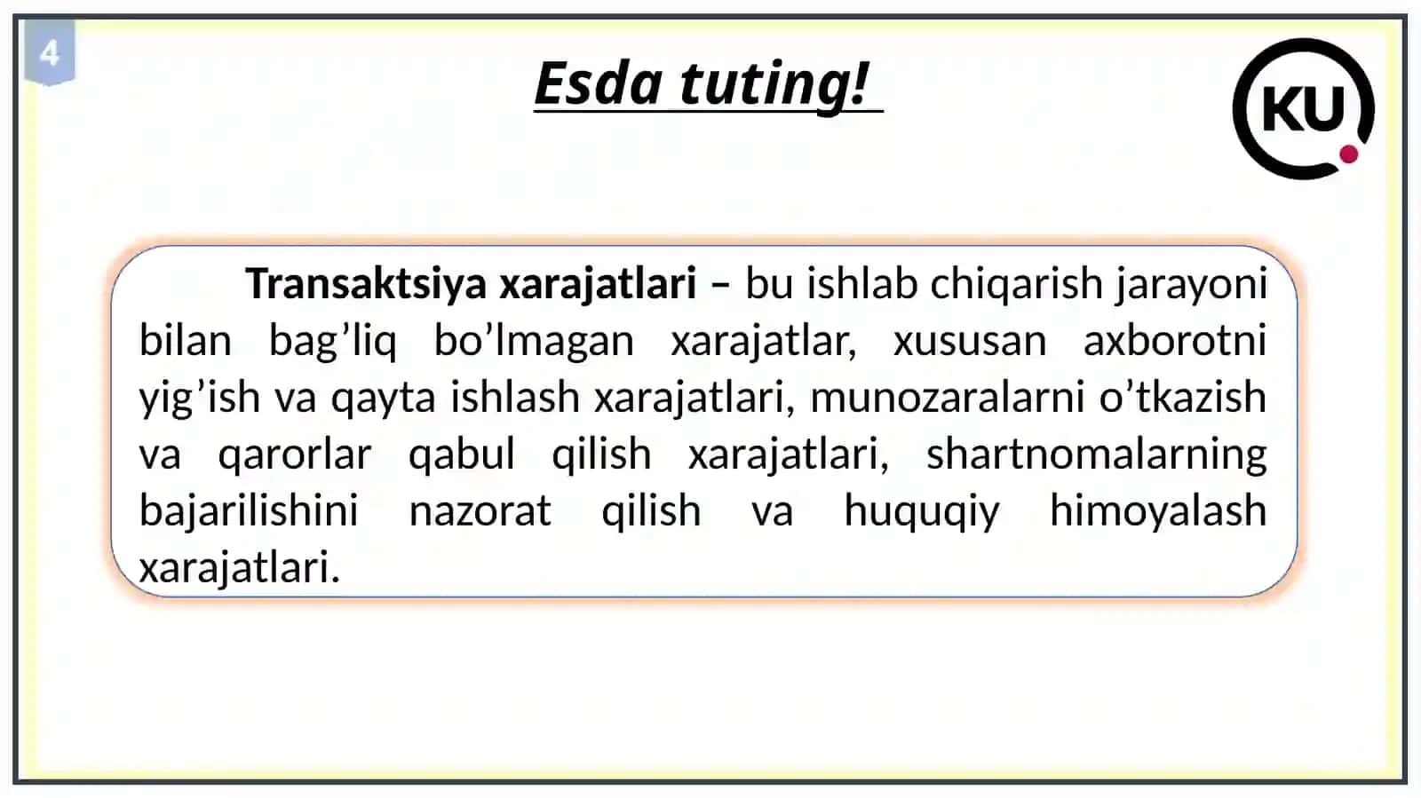 5-Amaliy mashg’ulot: Transaksiya va transformasiya xarajatlari hamda ularni tahlil qilishga yondashuvlar 4