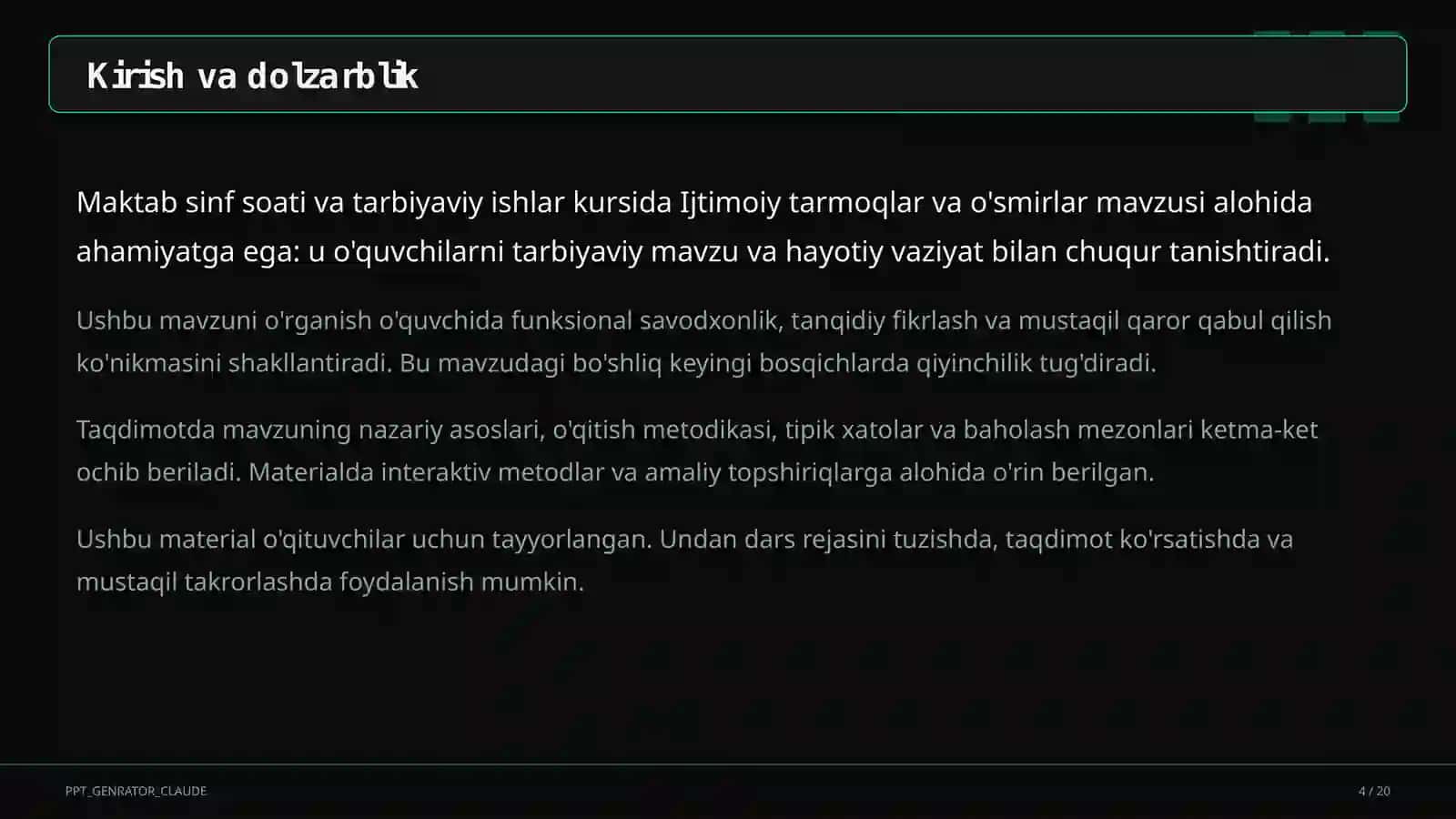 Sinf soati va tarbiyaviy tadbirlar (1–11) — o'qituvchilar uchun 4