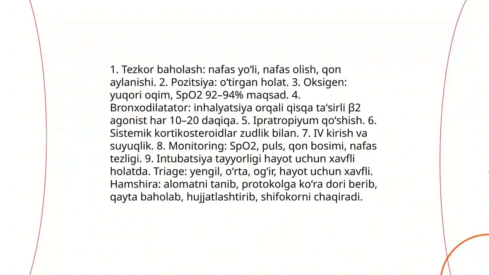 Nafas olish a'zolari kasalliklarida uchraydigan kechiktirib bo'lmaydigan holatlar (Bronxial astma xuruji qon tuflash o'pkadan qon ketish)da shoshilinch yordam ko'rsatishda hamshirani o'rni 4