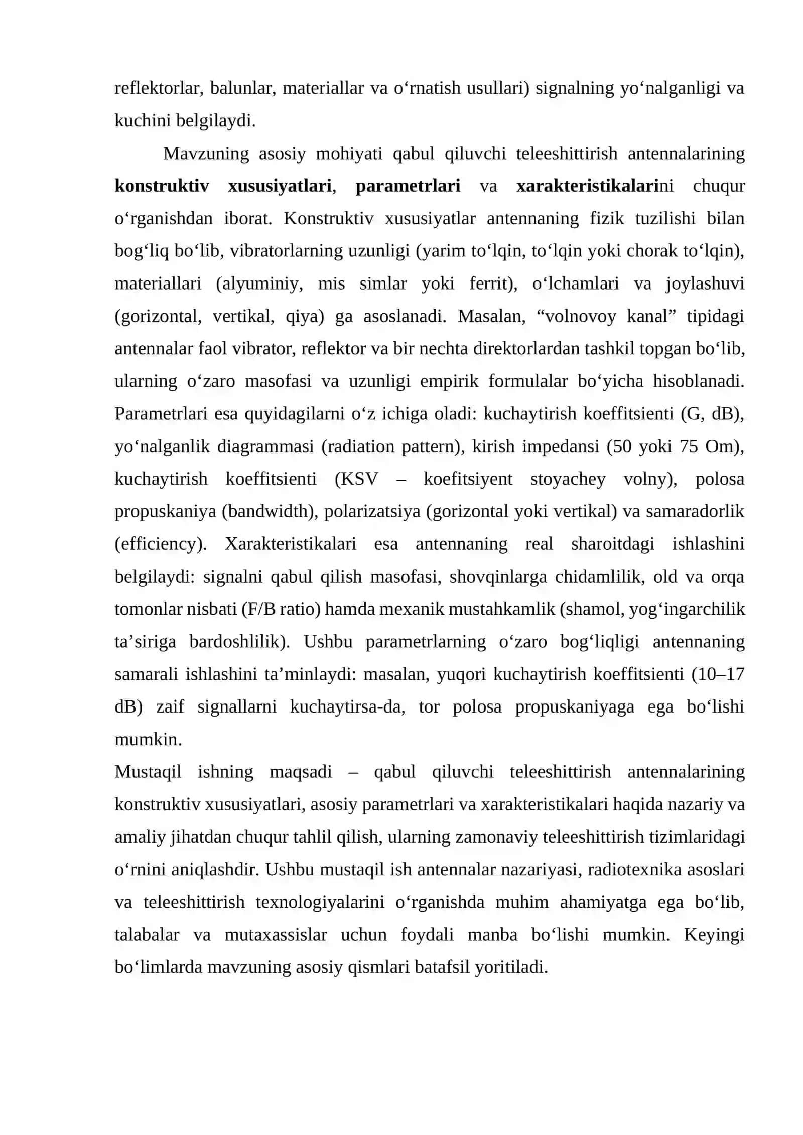 Qabul qiluvchi teleeshittirish antennalarining konstruktiv xususiyatlari, parametrlari va xarakteristikalari 4