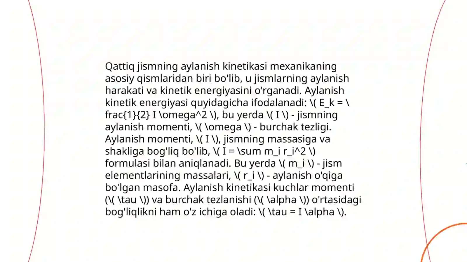 Qattiq jismning qoʻzgʻalmas o'q atrofidagi aylanma harakat dinamikasining differensial tenglamasi 4