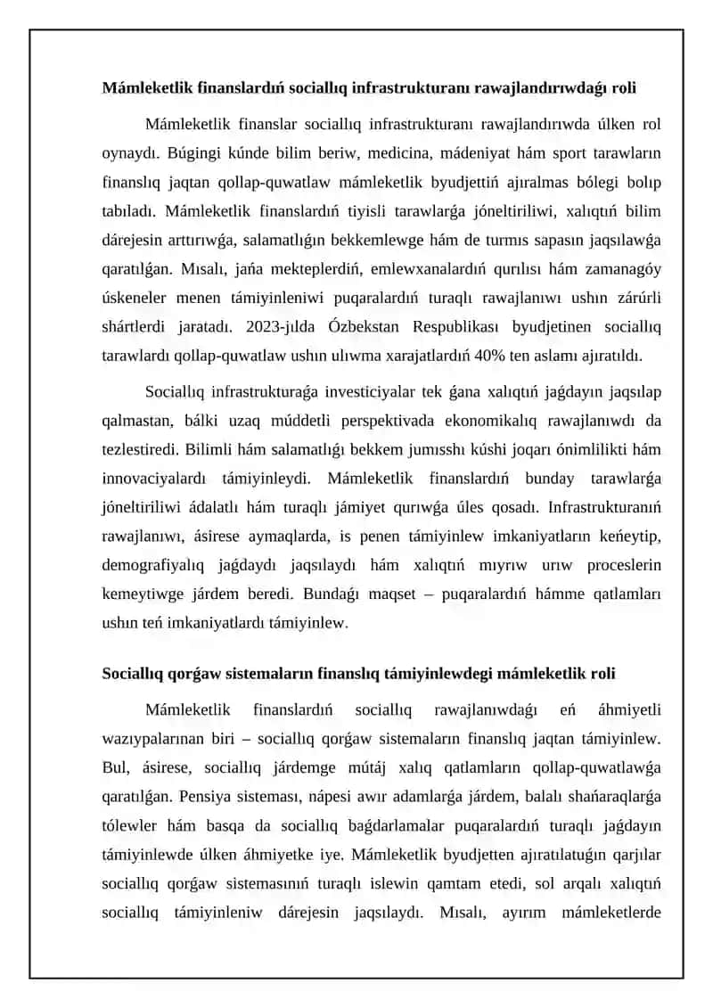 Mámleketlik finanslardıń sociallıq rawajlanıwdaǵı roli hám wazıypaları 4