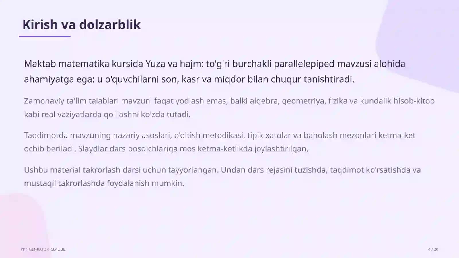 Yuza va hajm: to'g'ri burchakli parallelepiped (5-sinf) 4