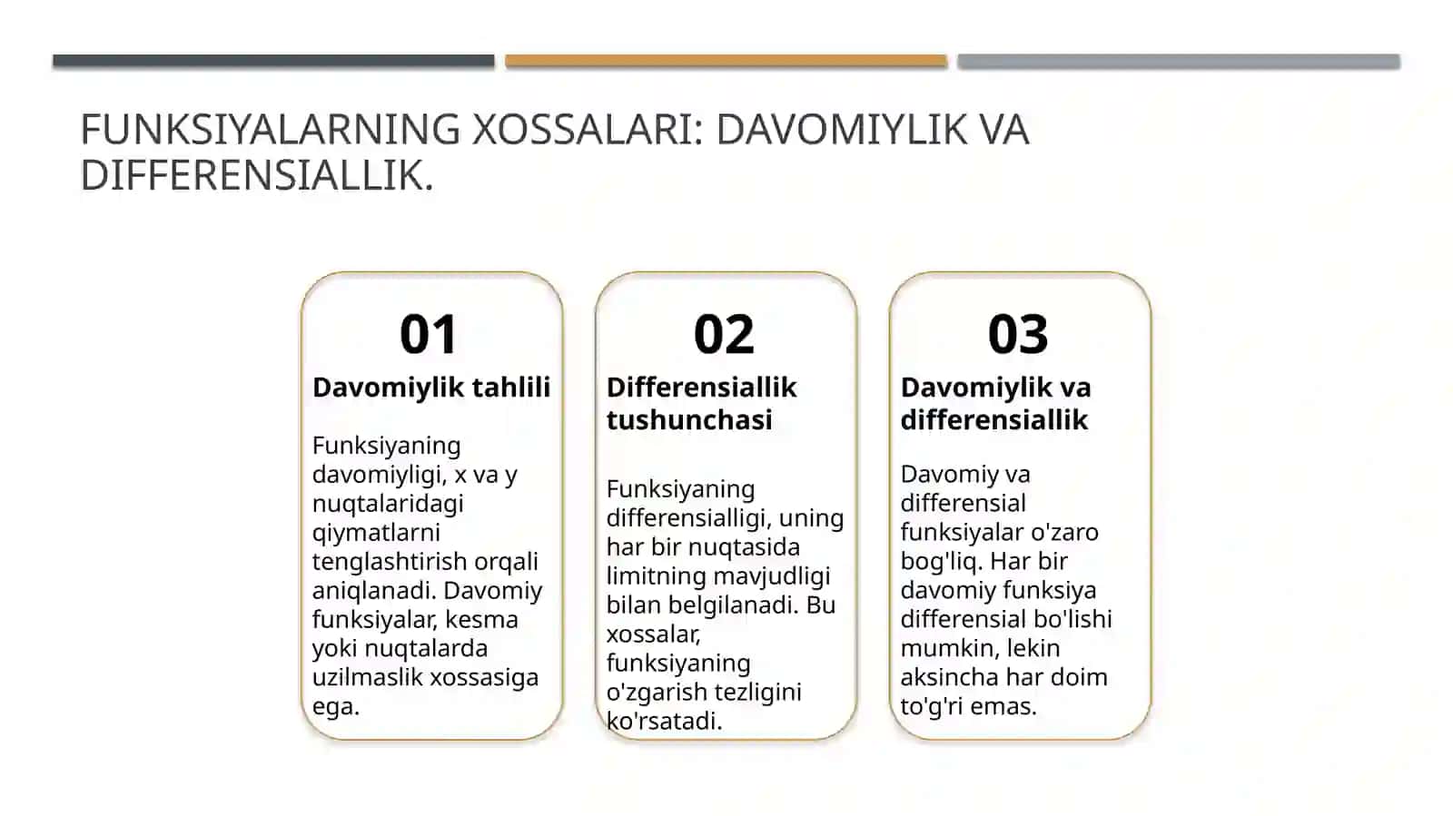 Asosiy elementar funksiyalar va ularning xossalari, grafiklari. Sonli ketma-ketliklar va ularning limiti. cheksiz kichik miqdorlar. Cheksiz katta miqdorlar. 4