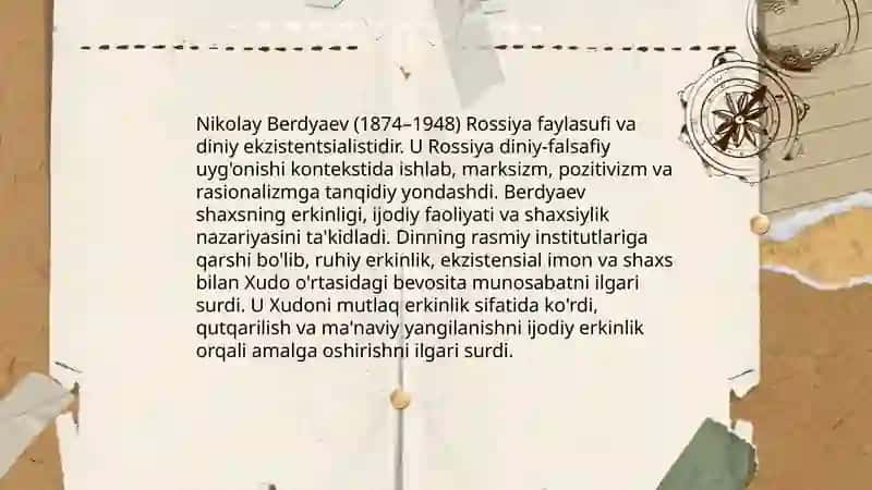 Din va hurfikrlilik “mavzusida prerzentatsiya tayyorlash (Berdyaevning diniy hurfikrlilik haqidagi gʻoyalarini Gʻazzoliy gʻoyalari bilan qiyoslash) 4
