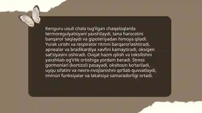 Chala tugʻilgan chaqaloqlarni kenguru usuli — taʼrif va asosiy gʻoyalar 4