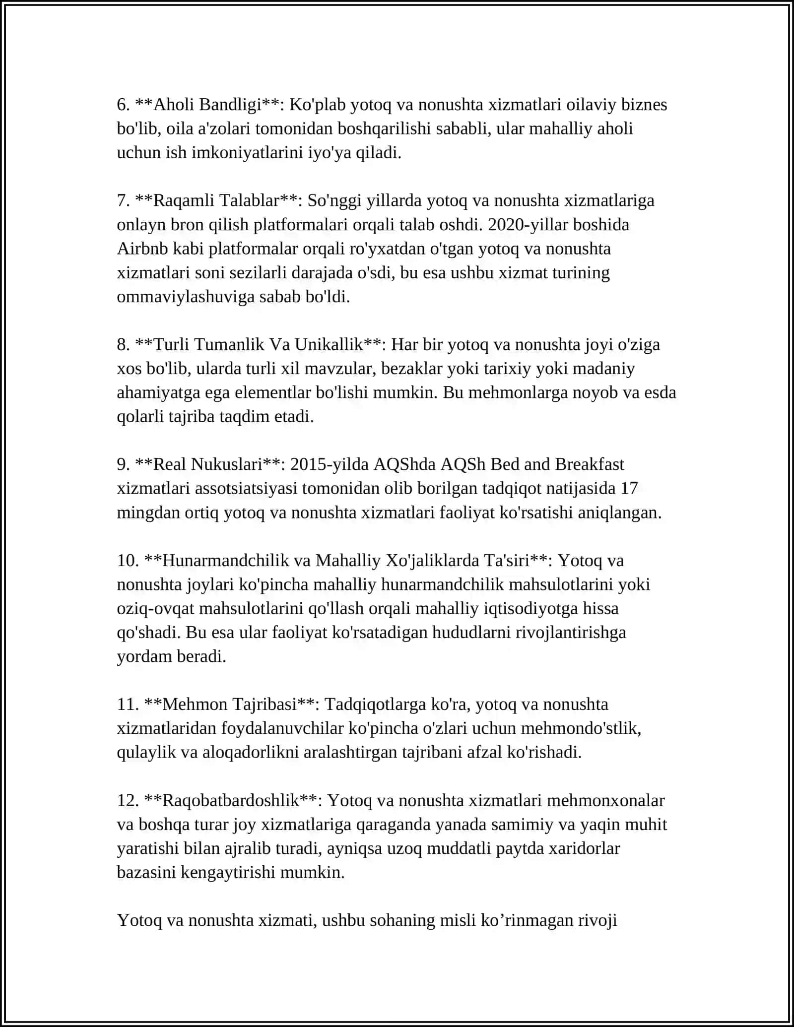 "BED AND BREAKFAST" TIZIMI: FAOLIYAT TAMOYILLARI 4