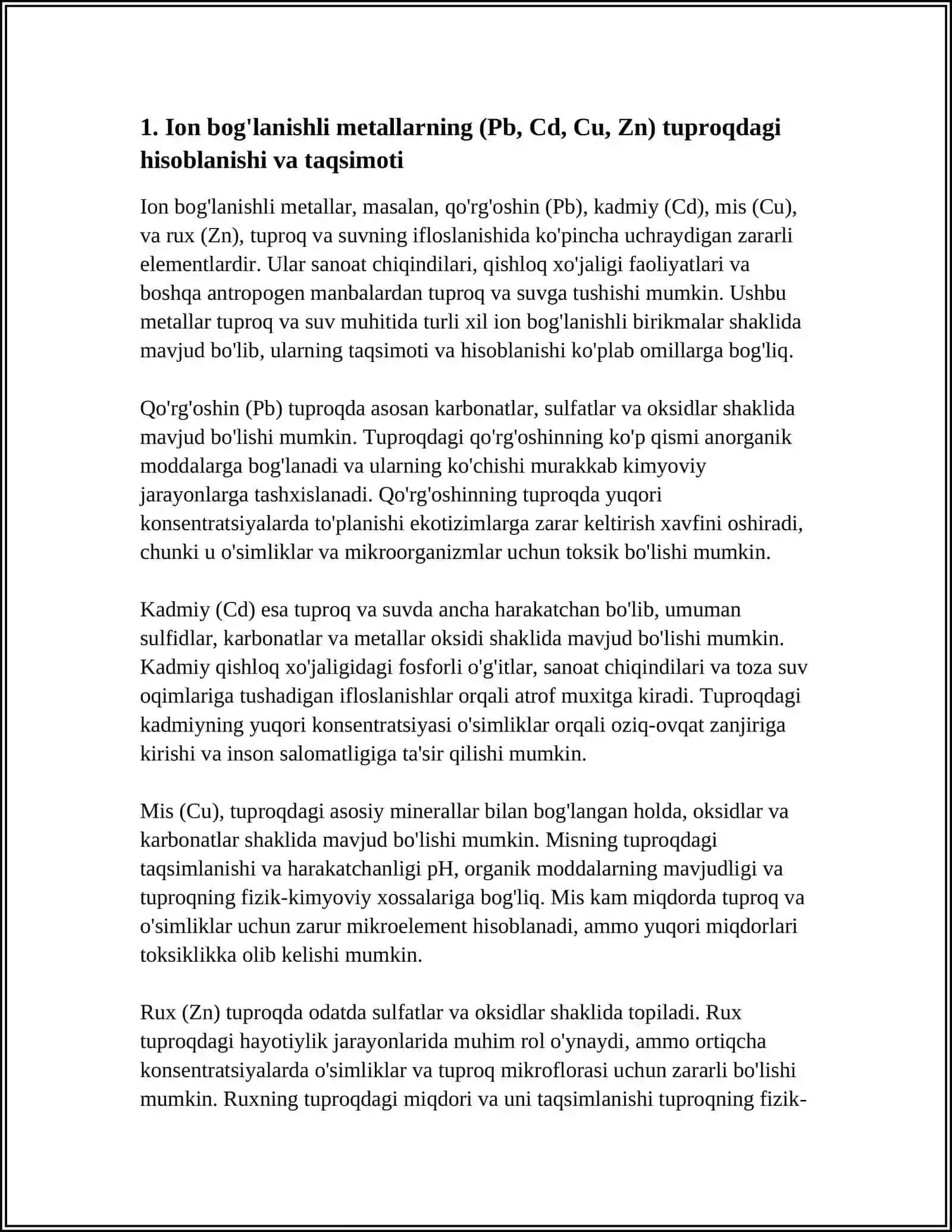TUPROQ VA SUVNING IFLOSLANISHIDA ION BOĜLANISHLI BIRIKMALARNI ANIQLAB ULARDAN TOZALASH USULINI CHIQISH 4