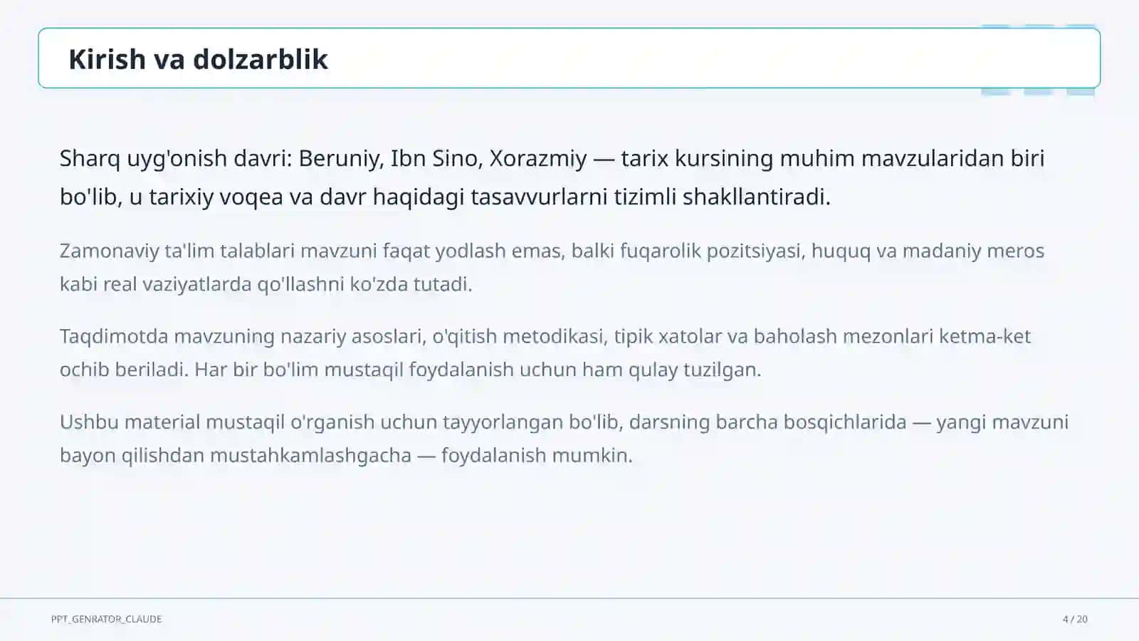 Sharq uyg'onish davri: Beruniy, Ibn Sino, Xorazmiy (7-sinf) 4