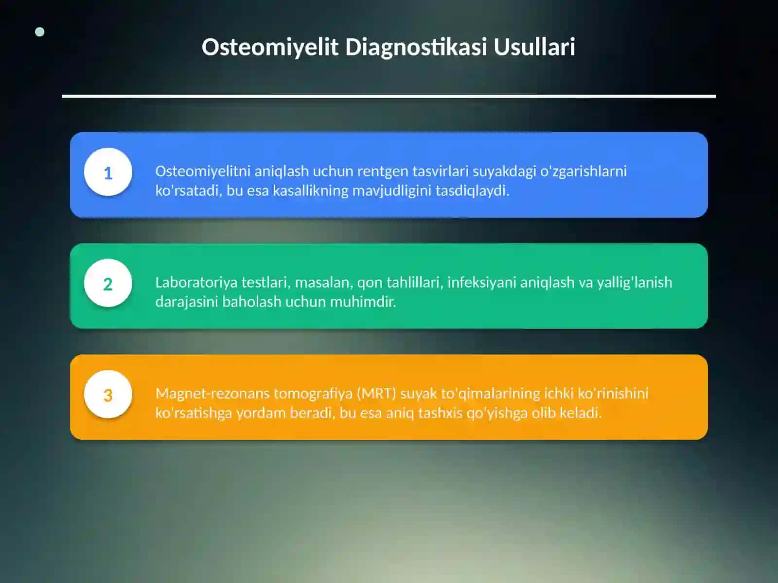Osteomiyelitlar: o‘tkir va surunkali, yiringli artrit, klinik ko‘rinishi, diagnostika va davosi: Kaft flegmonasi, panaritsiy(xasmol): klinikasi,maxalliy va umumiy belgilari, diagnostikasi, davolash prinsiplari 4