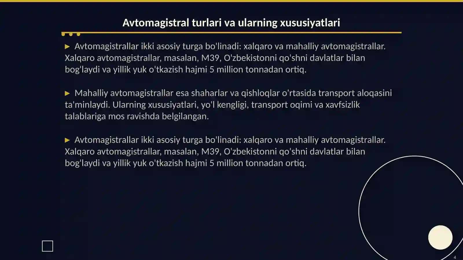 Avtomagistrallarni har xil variantlarini õtkazish va ularga qõyiladigan talablar 4
