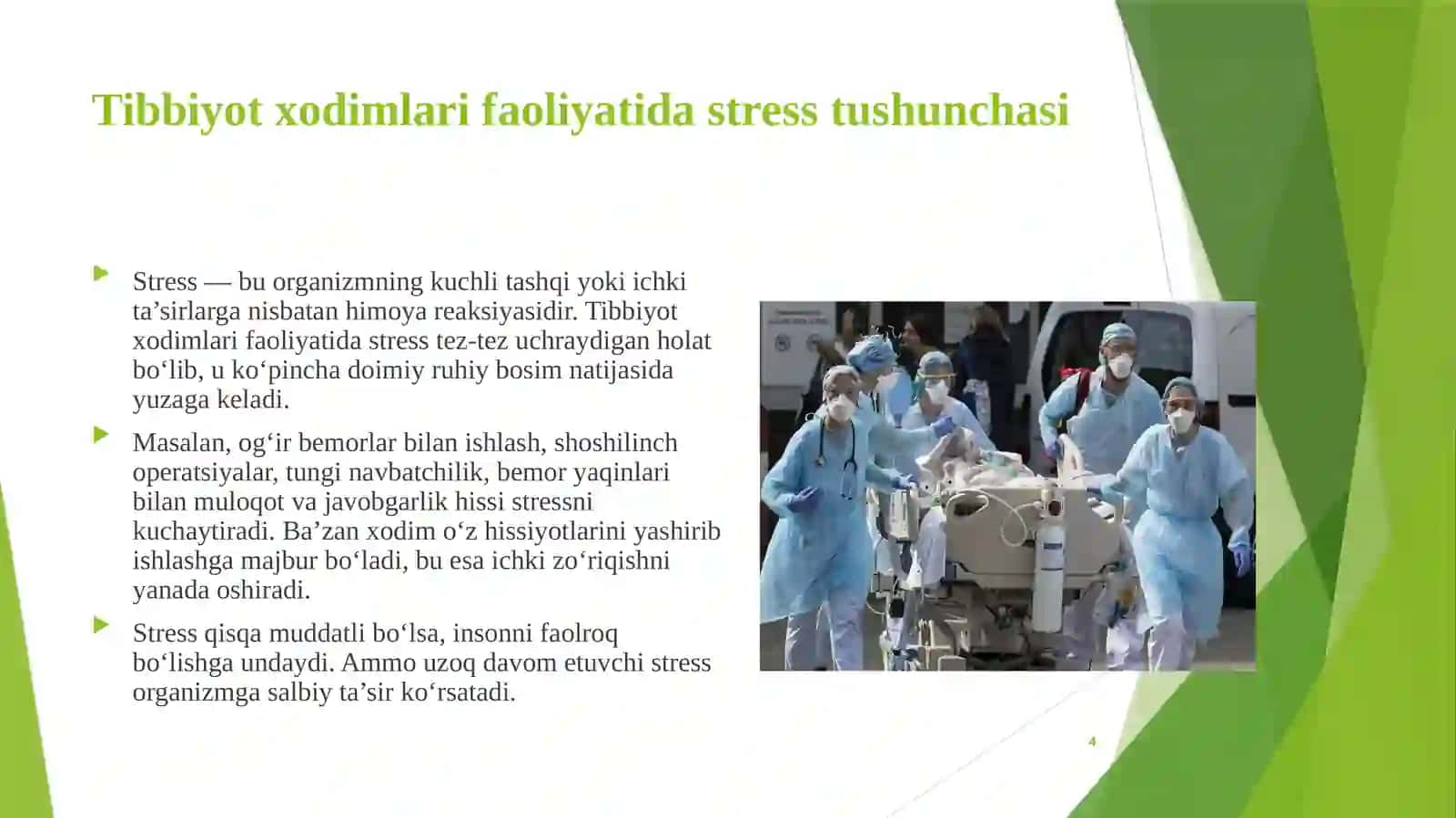 Tibbiyot xodimlarida emotsional holatlarning o‘ziga xosligi stress va  uning bosqichlari, bartaraf etish yo‘llari 4