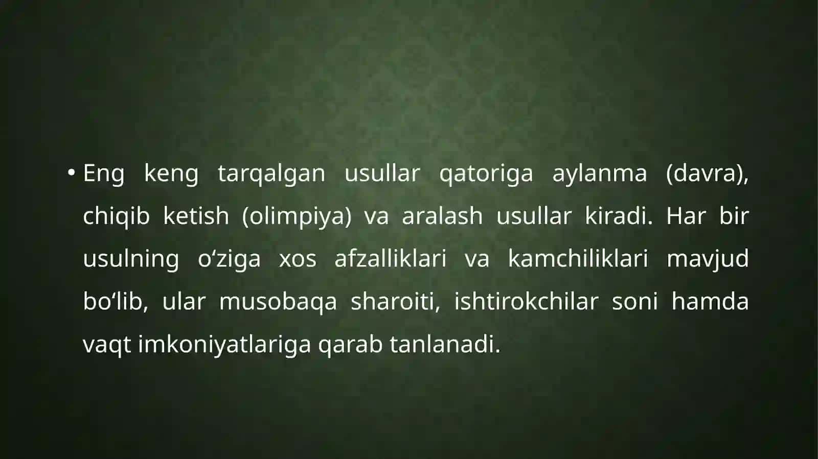 Musobaqalarni o'tkazishning aylanmasi chiqib ketish va aralash usullari 4