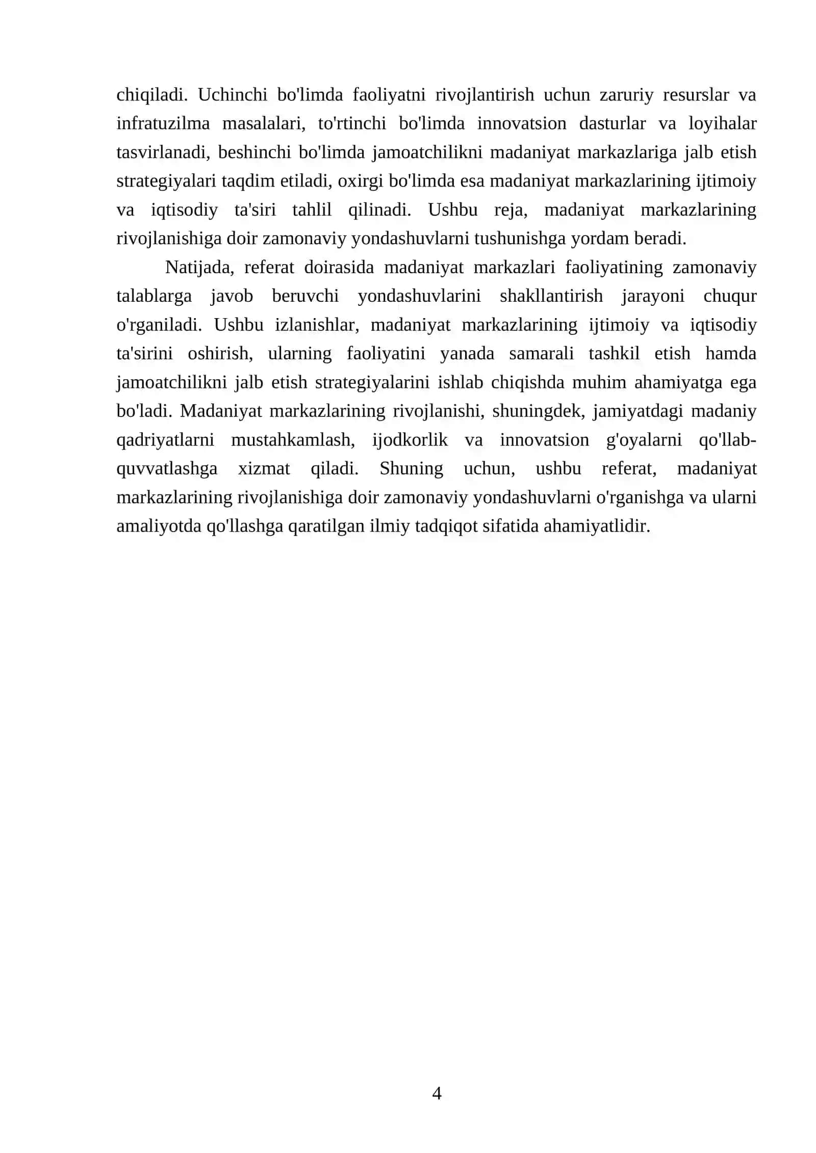 Madaniyat markazlari faoliyatini yanada rivojlantirishga doir zamonaviy yondashuv prinsiplarini shakllantirish va amaliyotda qo’llash 4