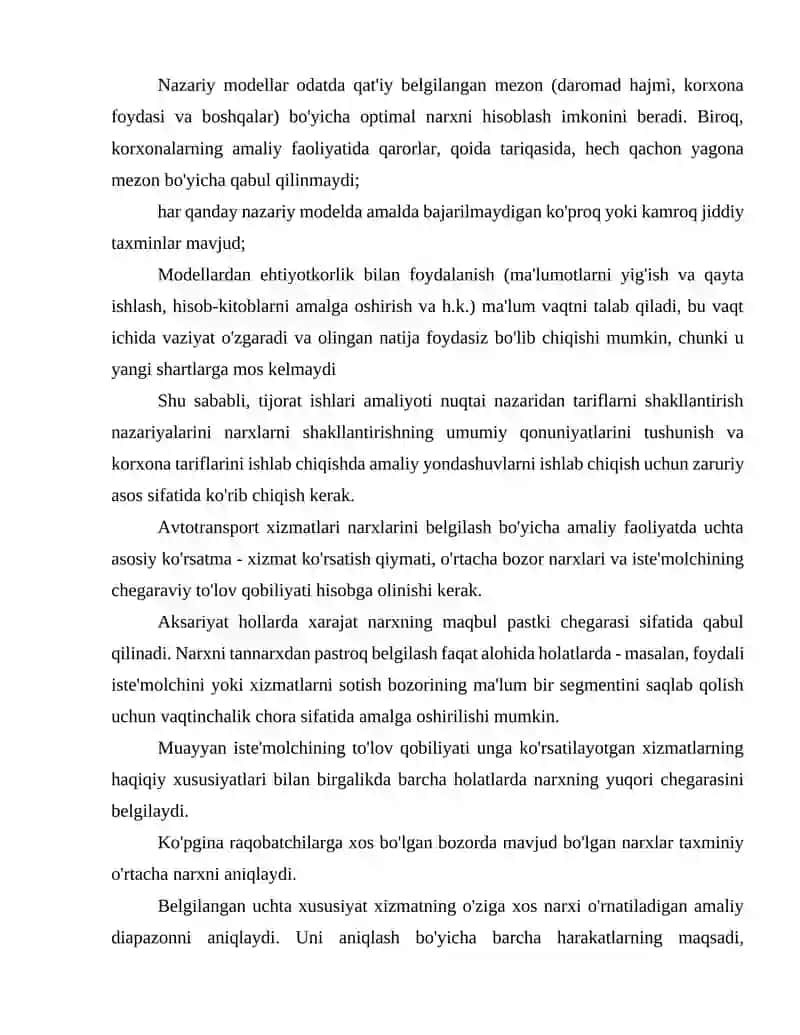 Transport tariflarini shakllantirish mexanizmi 4
