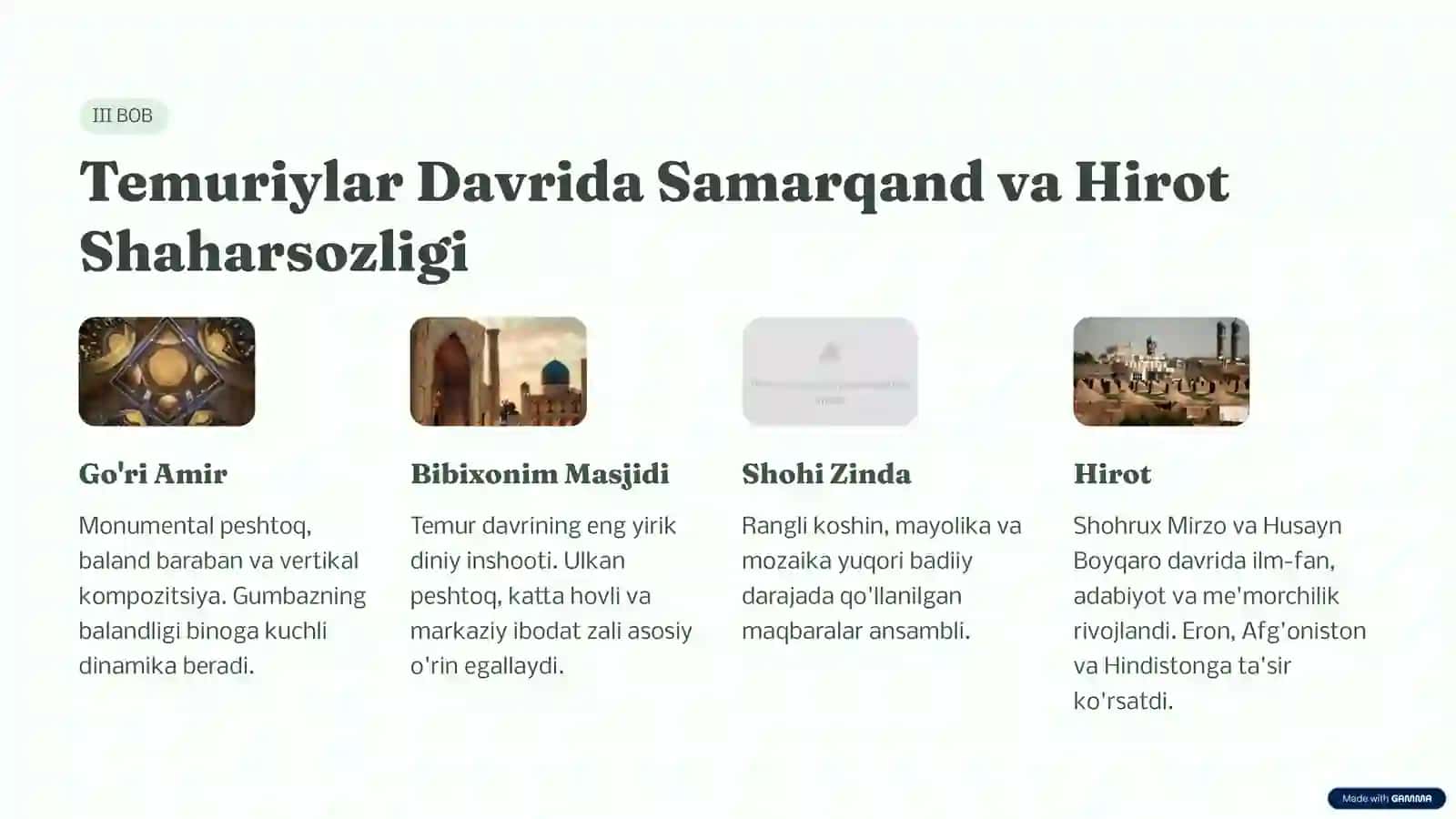 Amir Temur va Temuriylar Davri (XV Asr) Arxitekturasi | PPT.pptx 4