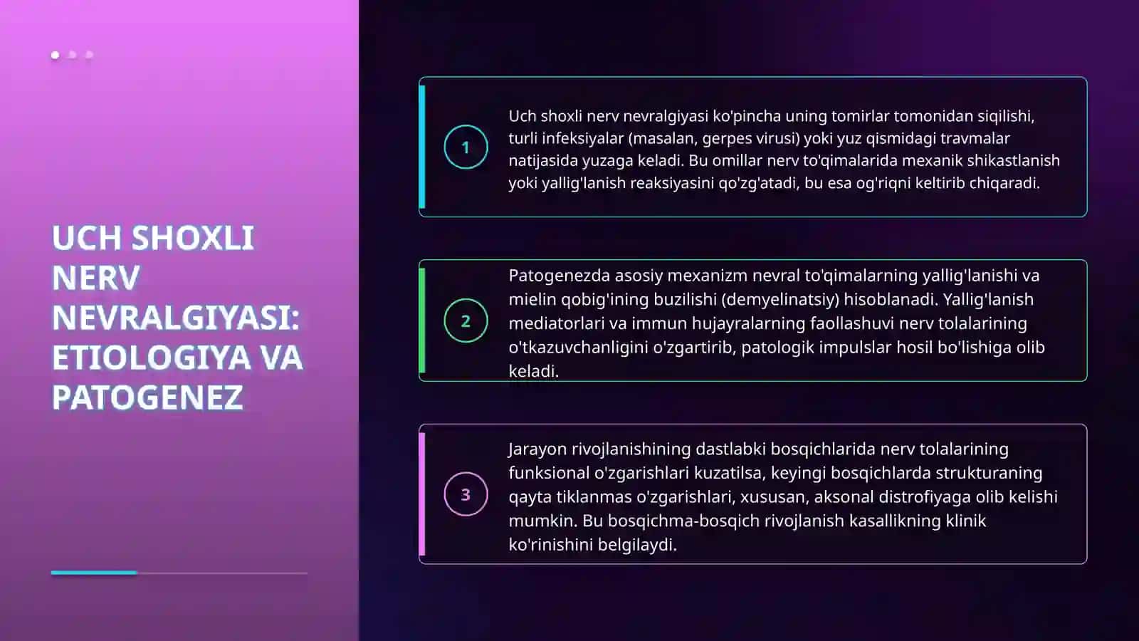 Uch shoxli nerv nevralgiyasi: VOP taktikasi. Etiologiyasi, patogenezi, klinikasi, diagnostika, dif.diagnostika, davolash, profilaktika, reabilitatsiya, dispanserizatsiya. 4