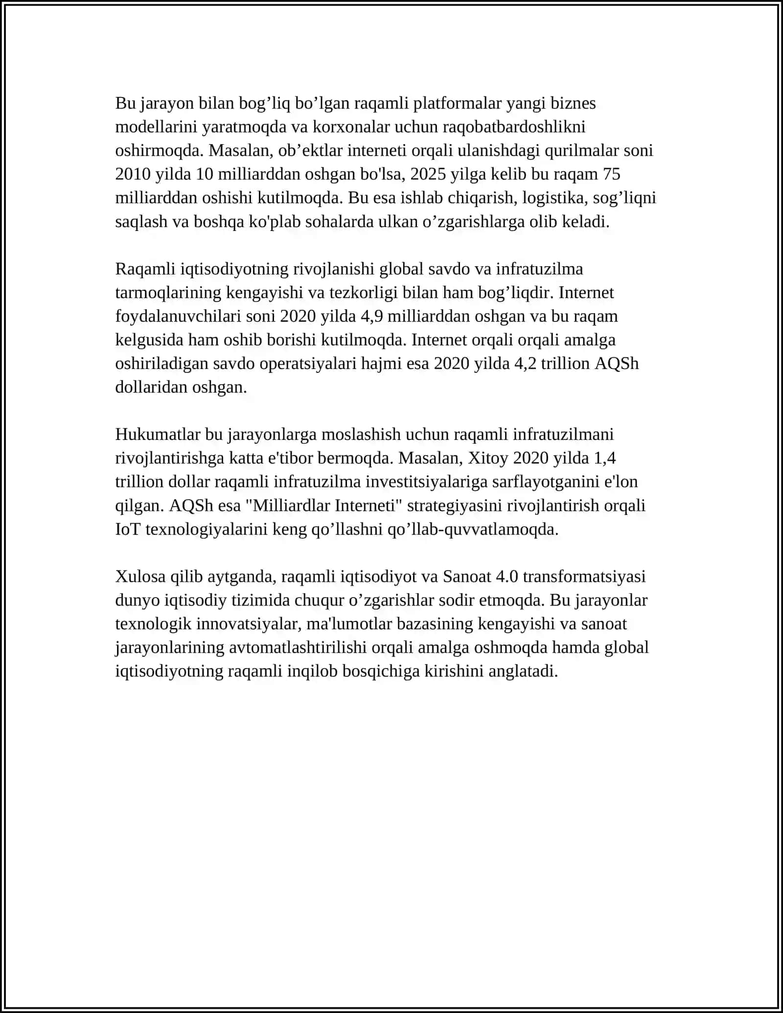 Raqamli iqtisodiyot va Sanoat 4.0 transformatsiyasi 4