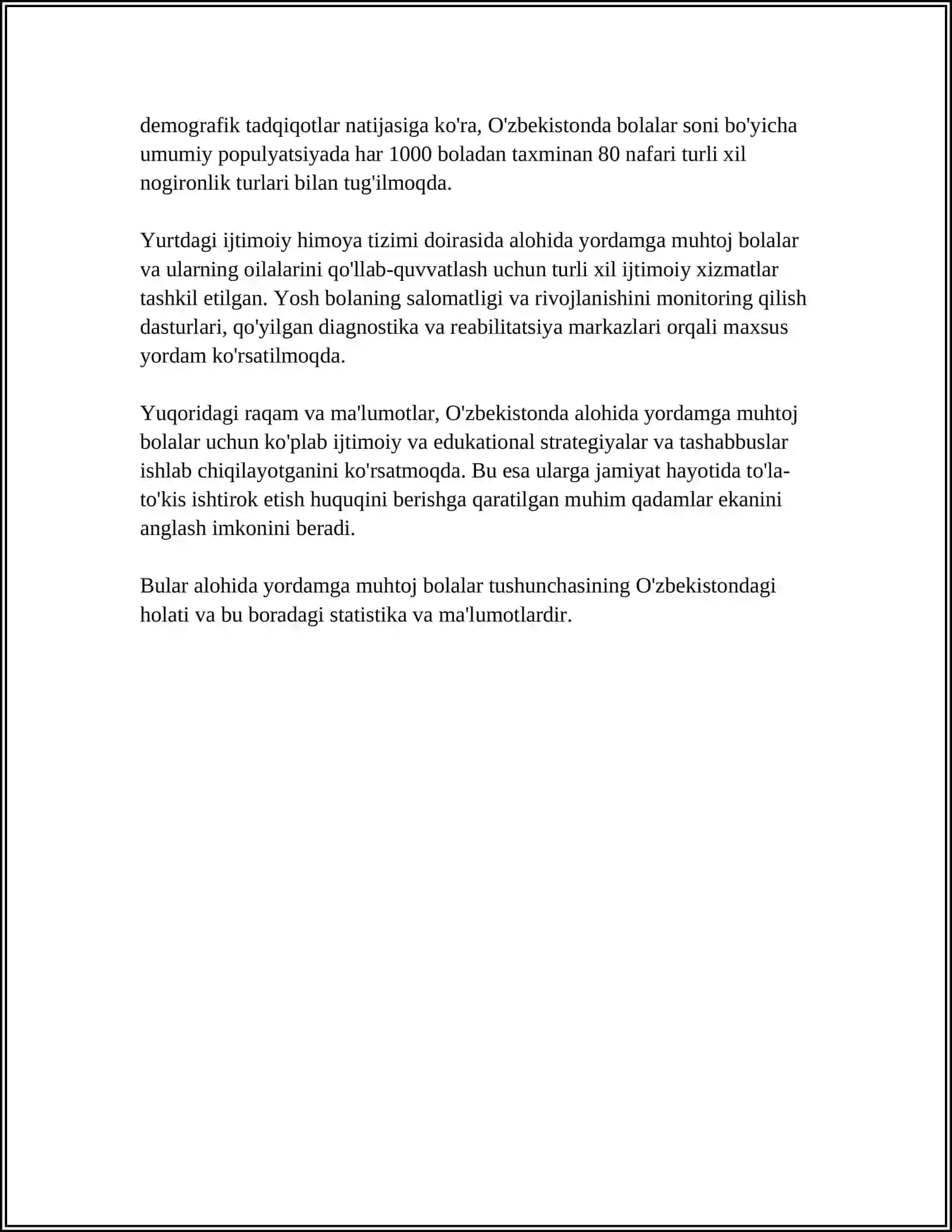 ALOHIDA YORDAMGA MUHTOJ BOLALARDA RIVOJLANISHDAGI NUQSONINING CHUQURLIGI VA TUZILISHIGA QARAB INKLYUZIYA MODELLARINI TANLASH 4