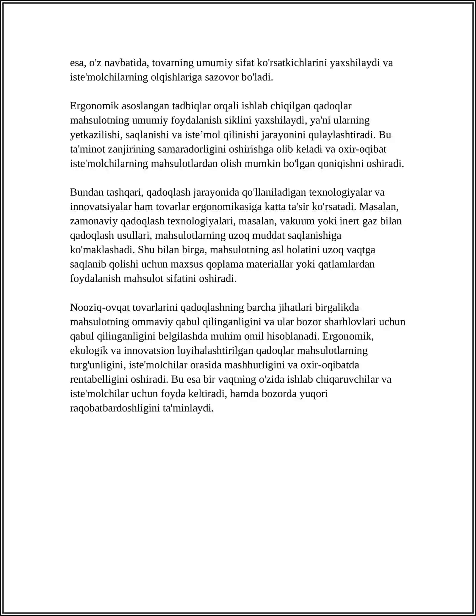 NOOZIQ-OVQAT TOVARLARINI ERGONOMETRIK XUSUSIYATLARI VA ULARNI TOVARLARNI SIFAT KO'RSATKICHLARIGA TA'SIRI 4
