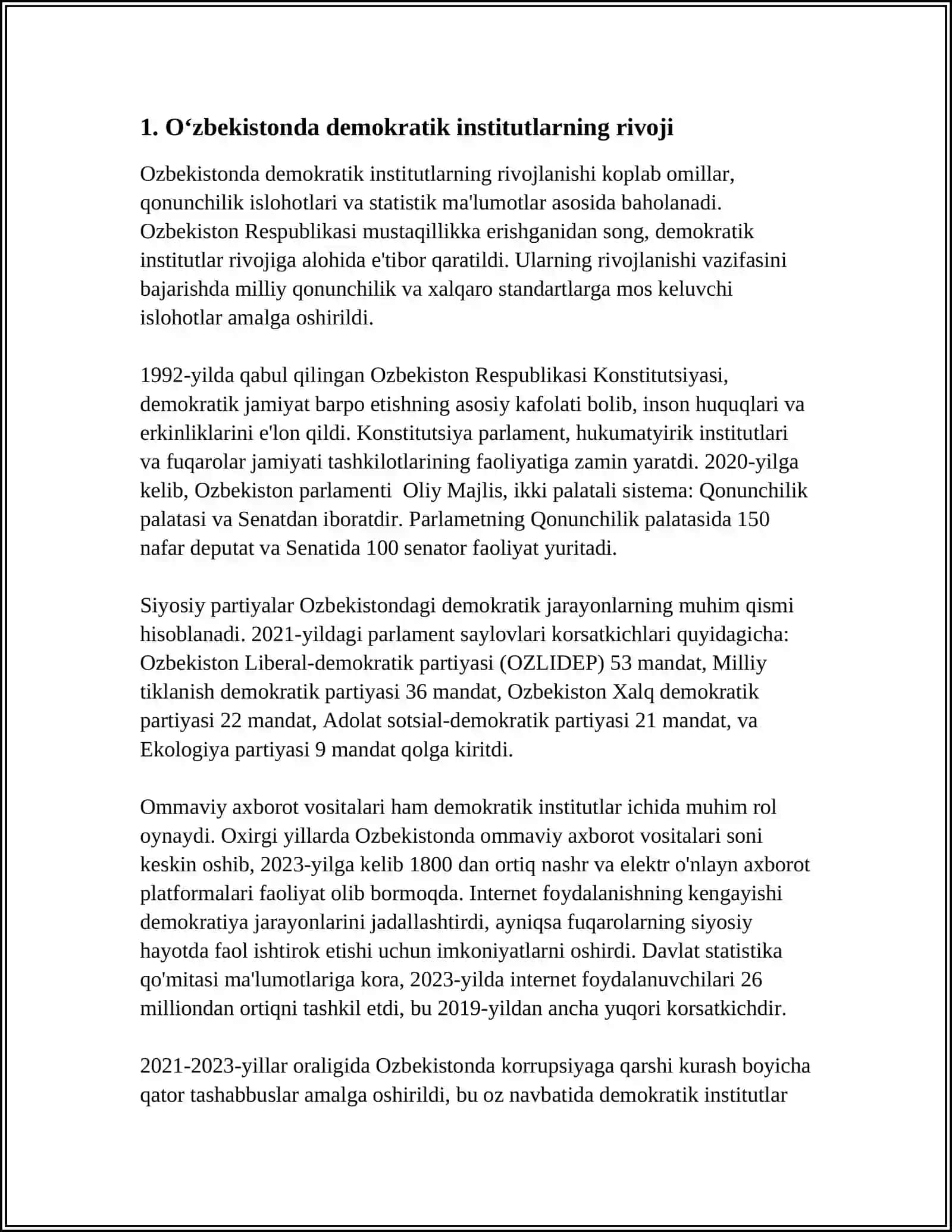 Oʻzbekistonda Demokratik, Fuqarolik Jamiyati Asoslarining Shakllanishi, Amalga Oshirilgan Siyosiy Ishlohlar 4