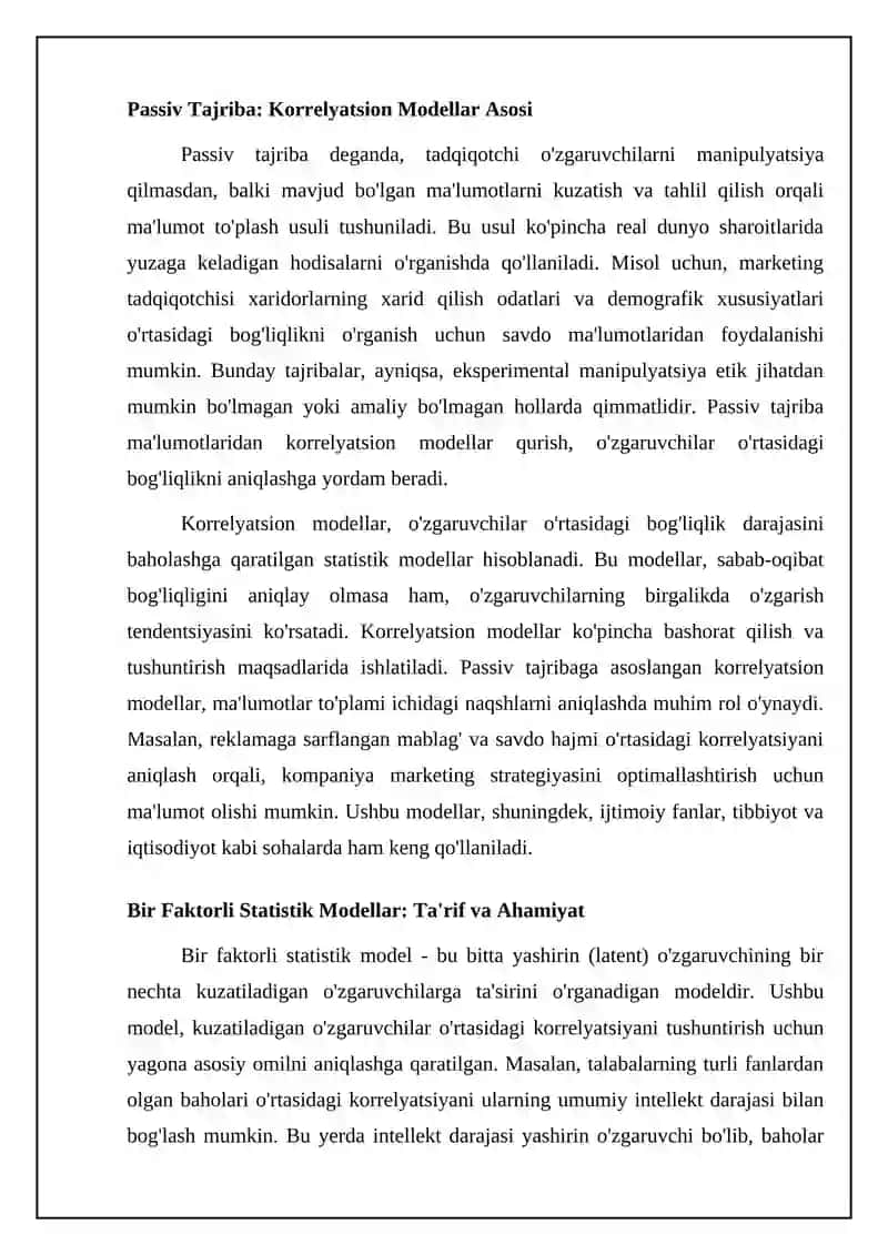 Passiv tajribaga asoslangan korrelyatsion bir faktorli statistik modellar: Asosiy tushunchalar va metodologiya 4