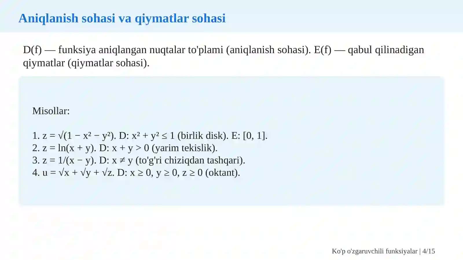 Ko'p o'zgaruvchili funksiyalar va xususiy hosilalar 4