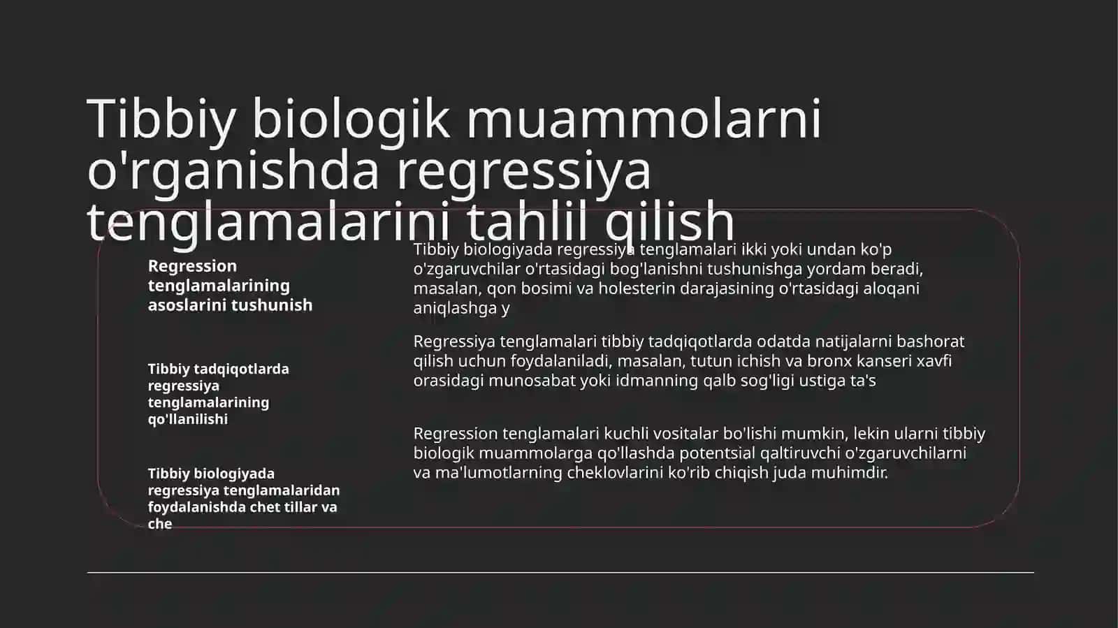 Tibbiy biologik masalalarni yechishda matematik statistika elementlaridan foydalanish korrelyatsion bog'lanishlar va regressiya tenglamasi 4