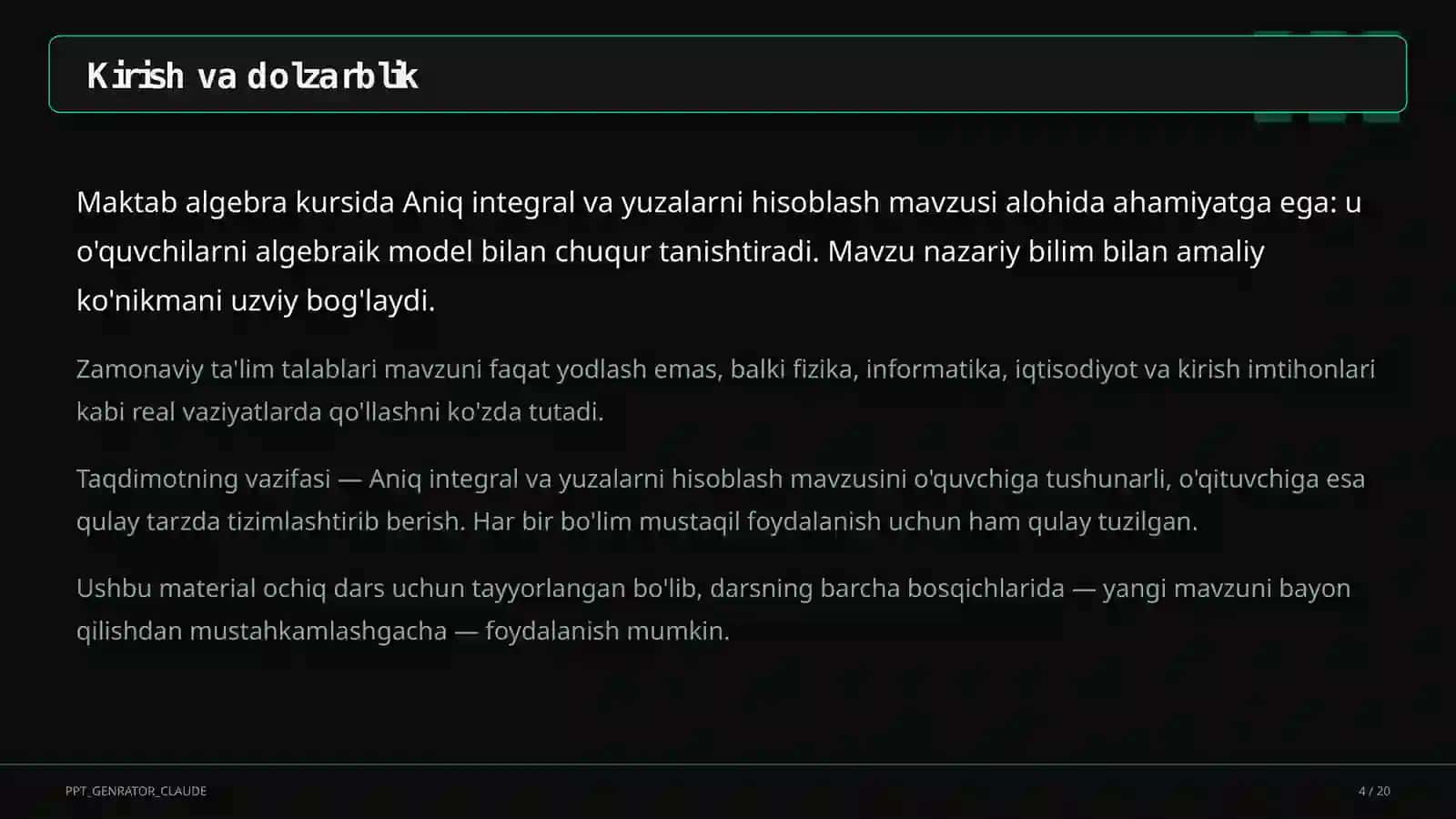 Aniq integral va yuzalarni hisoblash (11-sinf) 4