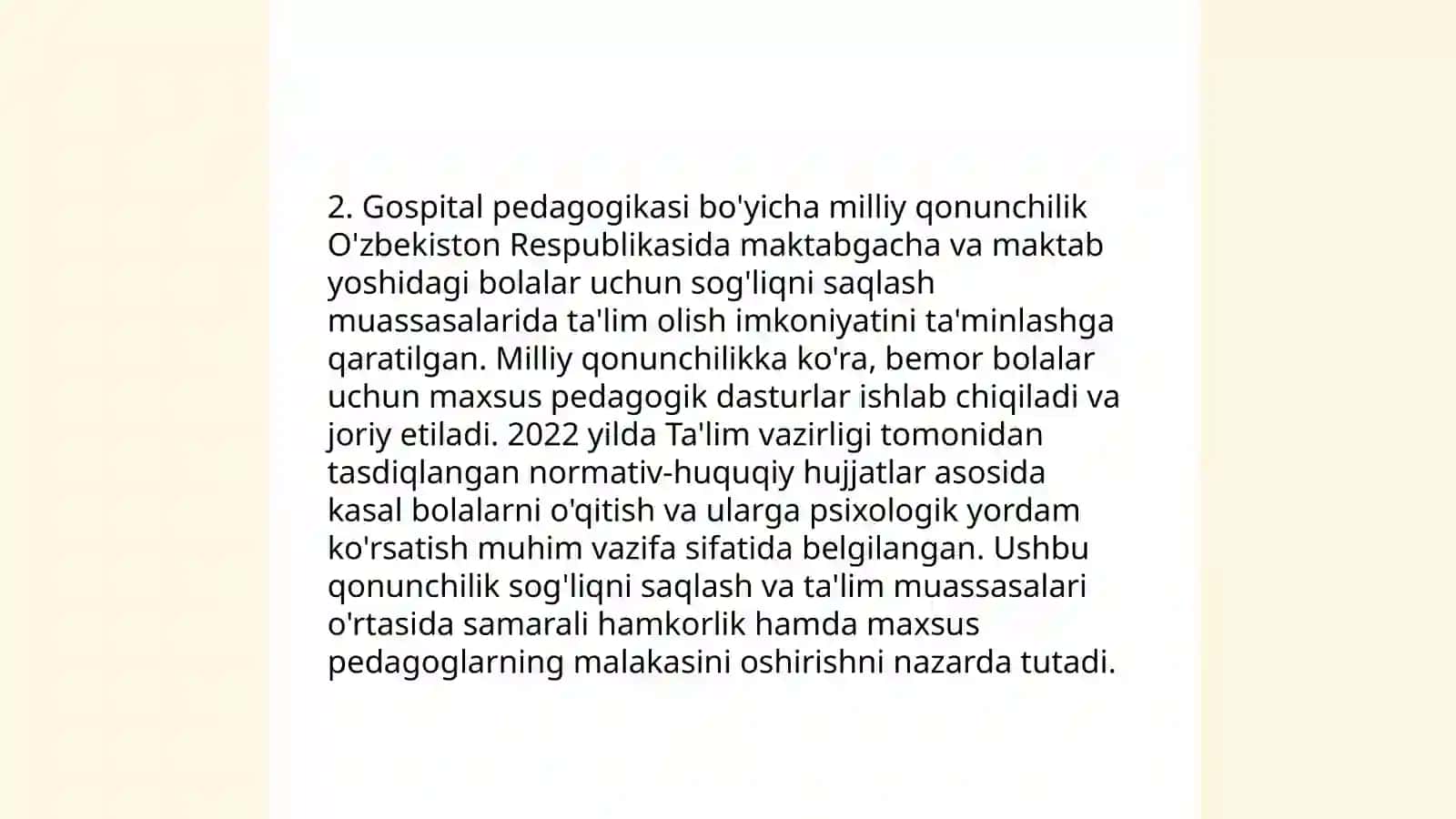 O'zbekistonda gospital pedagogikaning me‘yoriy-huquqiy bazasini tahlil qilish 4