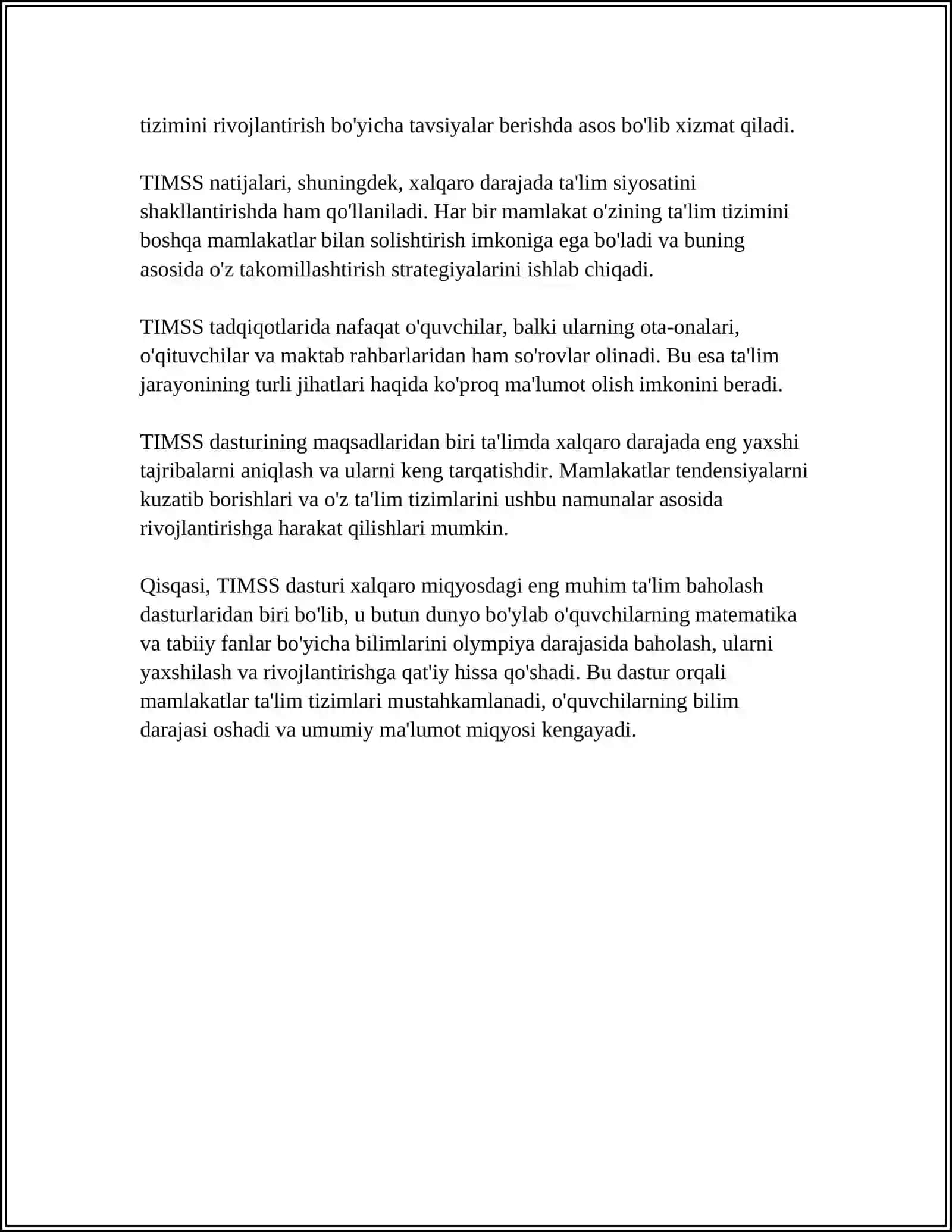TIMSS XALQARO BAHOLASH DASTURI HAQIDA ASOSIY MA’LUMOTLAR 4