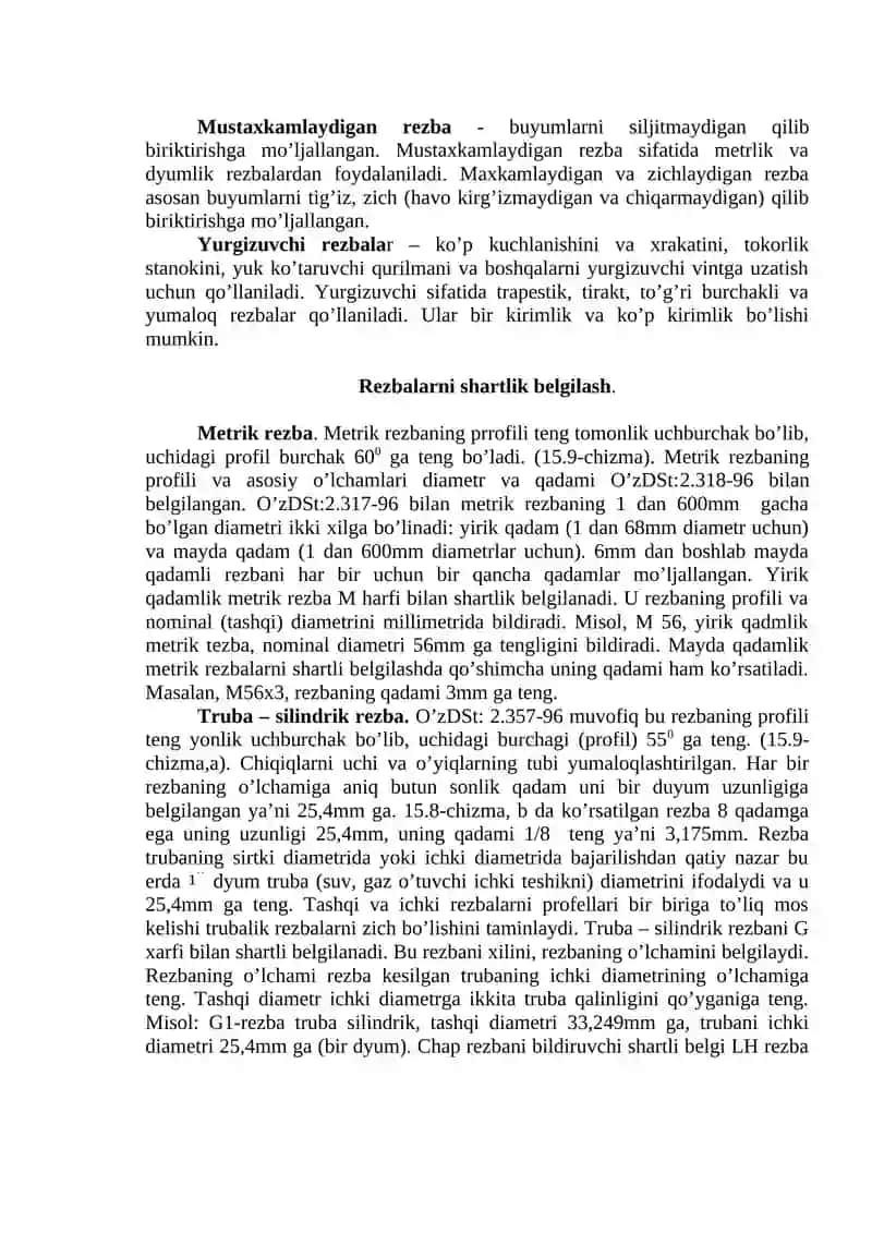 Rezbalarni chizmalarda  tasvirlanshi va belgilanishi O’z.DST 2.311-97.Standart biriktirish detallari. 4