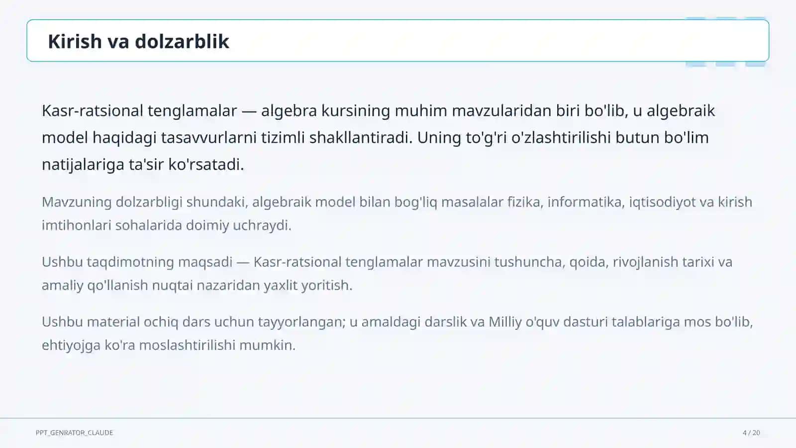 Kasr-ratsional tenglamalar (8-sinf) 4