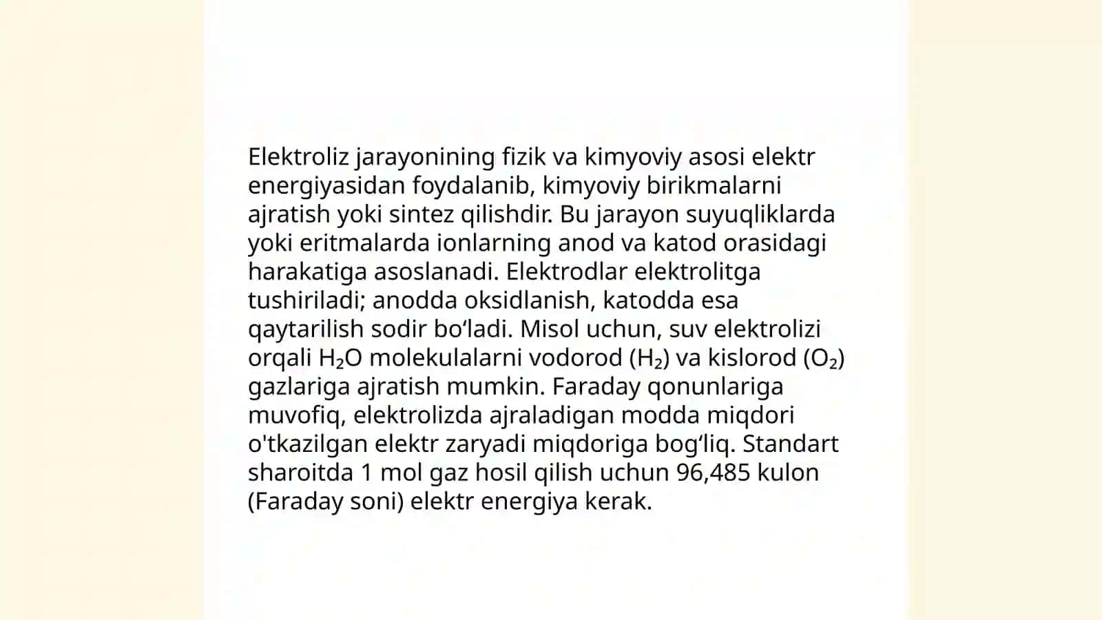 Elektroliz. Faradey qonunlari. Elektrolitik eritmalar va suyuqlanmalarning elektrolizi. Nasriddinov Shahobiddin 4