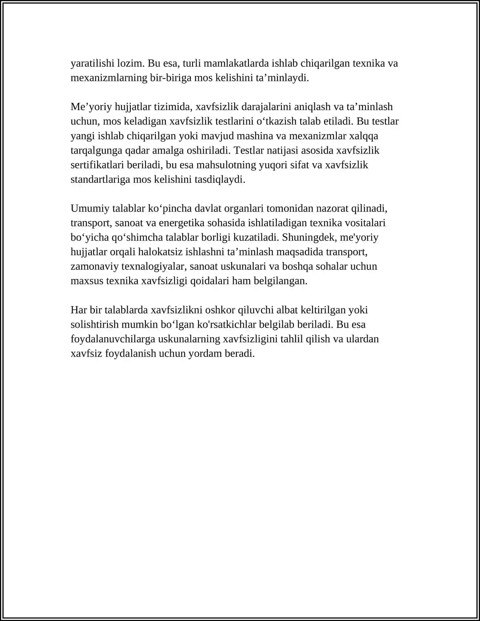 MASHINA VA MEXANIZMLAR UCHUN TEXNIKA XAVSIZLIGI TALABLARI KELTIRILADIGAN MEYORIY HUJJATLAR TIZIMI 4