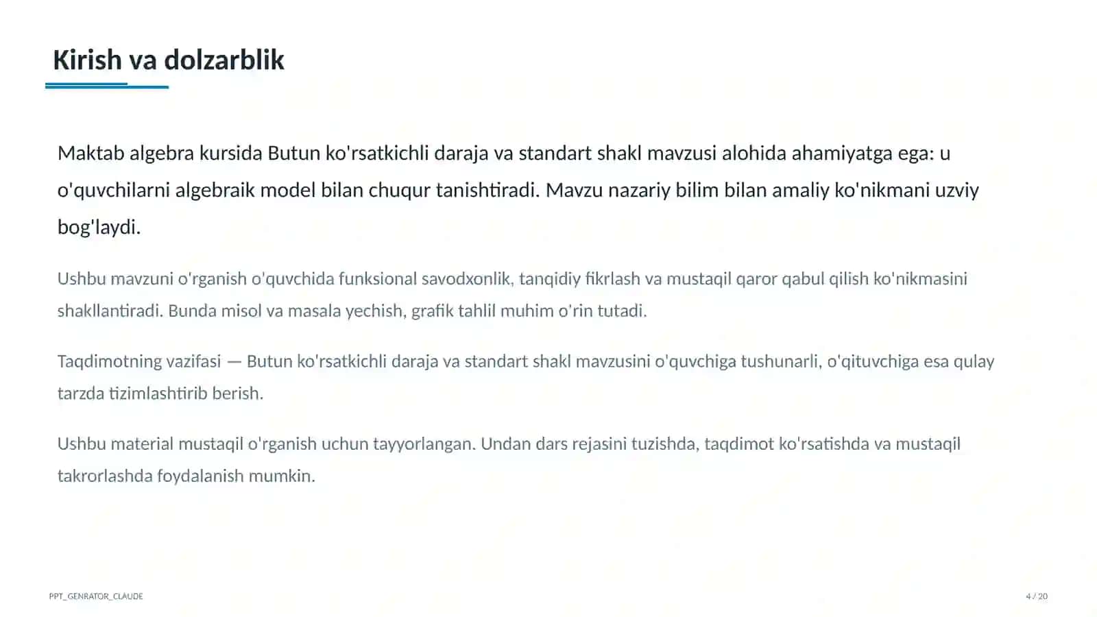 Butun ko'rsatkichli daraja va standart shakl (8-sinf) 4