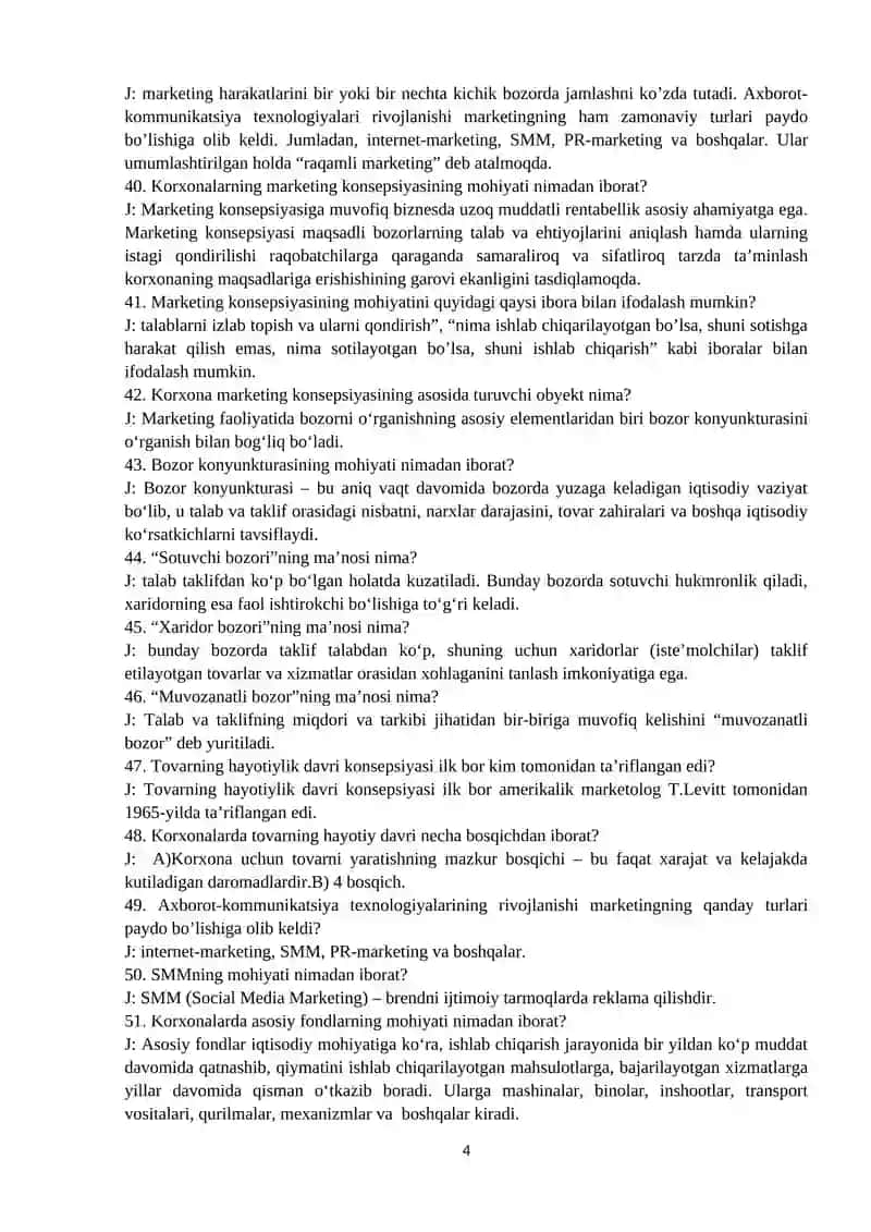 Korxona iqtisodiyoti fanidan 1-oraliq nazorat uchun test savollari 4