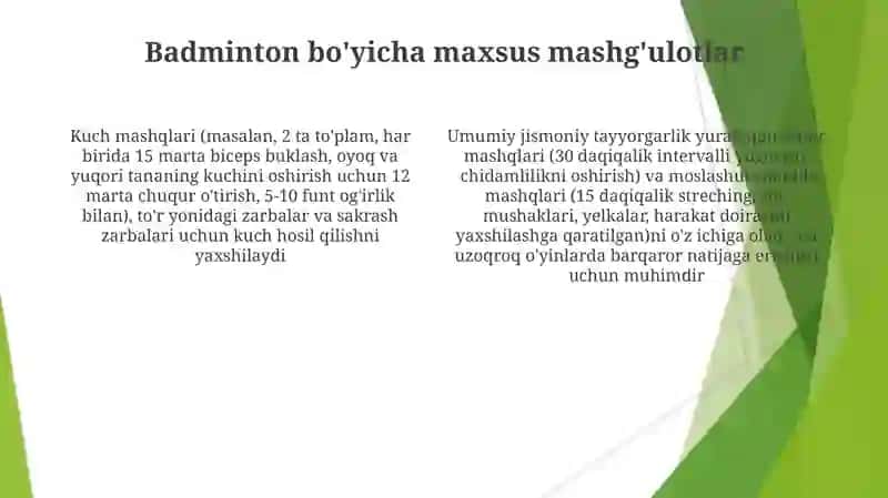 Badminton sport turi bilan shugʻullantirishda umumiy rivojlantiruvchi hamda maxsus mashqlar 4