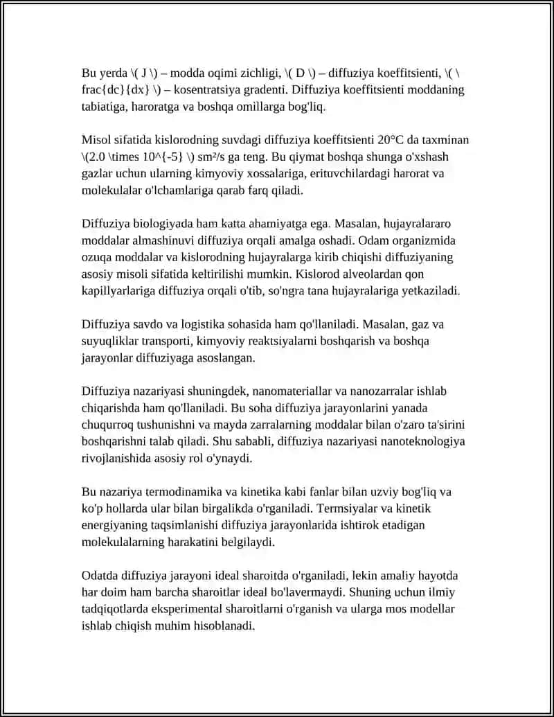 GAZLARDA DIFFUZIYA, QOVUSHTIQOQLIK VA ISSIQLIK O'TKAZUVCHANLIK 4