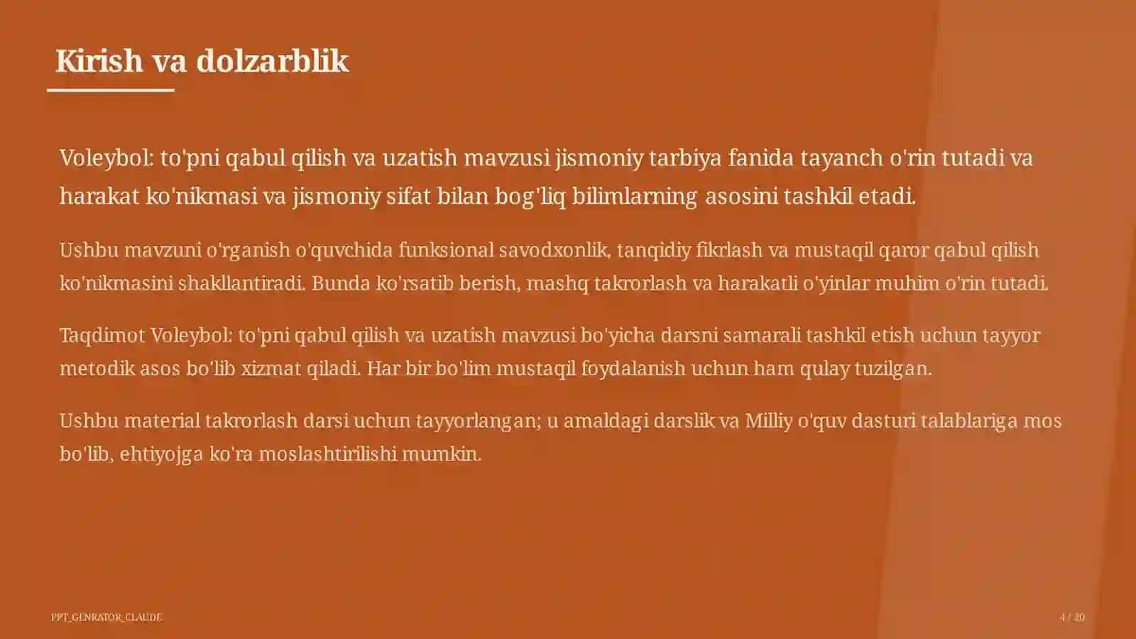 Voleybol: to'pni qabul qilish va uzatish (5-sinf) 4