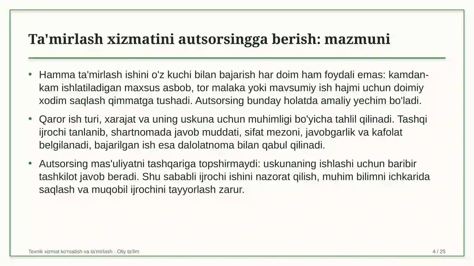 atom energetikasida ta'mirlash xizmatini autsorsingga berish 8471 4