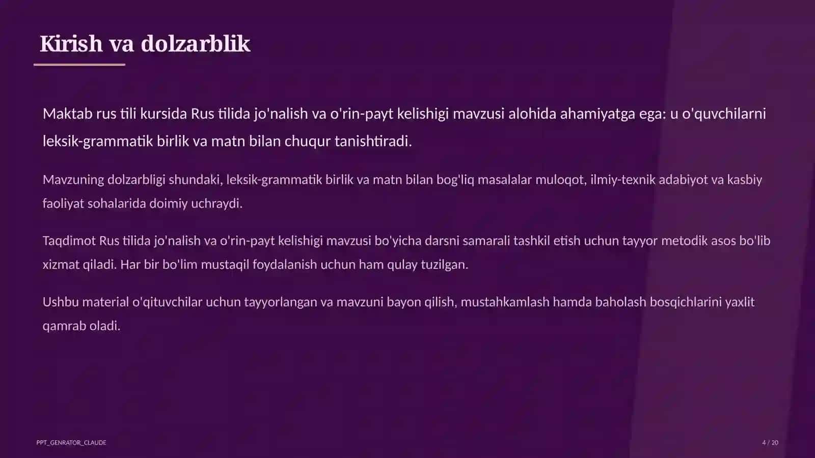 Rus tilida jo'nalish va o'rin-payt kelishigi (5-sinf) 4