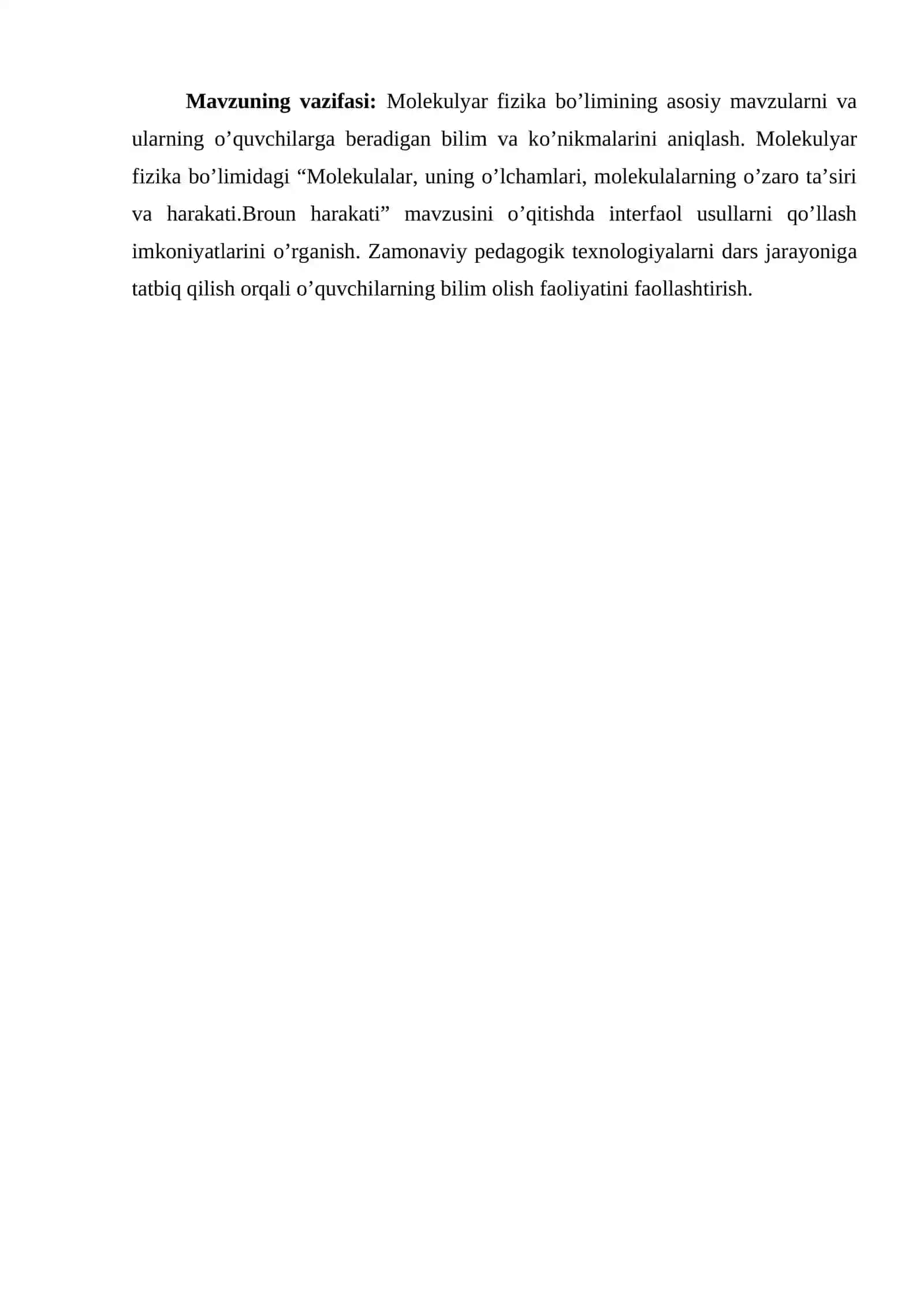 Molekulyar fizika bo’limiga oid mavzularni o’qitishda pedagogik texnologiyalardan foydalanish usullari mavzusiga doir tayyor kurs ish 4