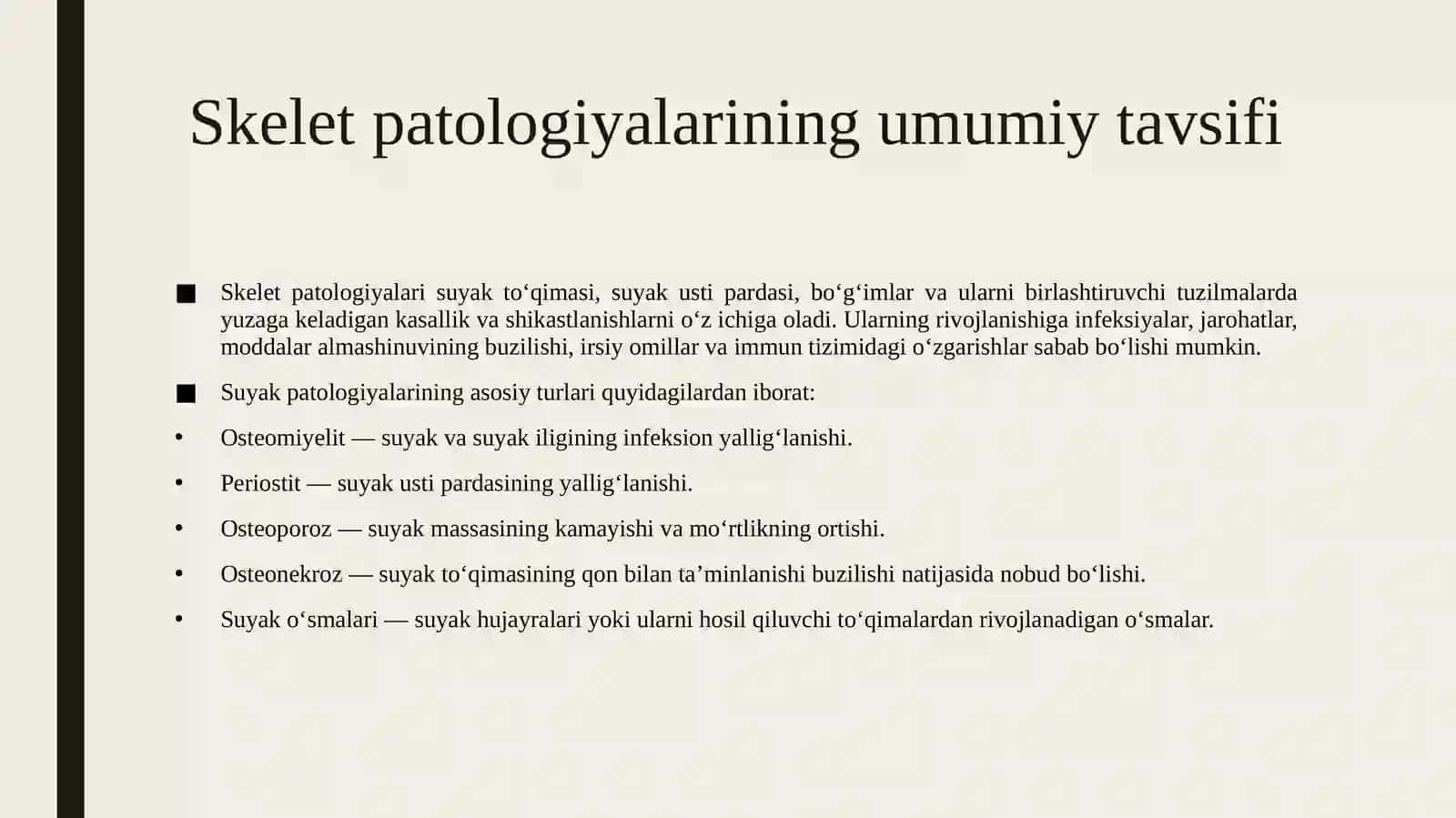 Skelet, mushaklari patologiyasini yallig‘lanish va o‘sma kasalliklarini taxlil qilish. 4